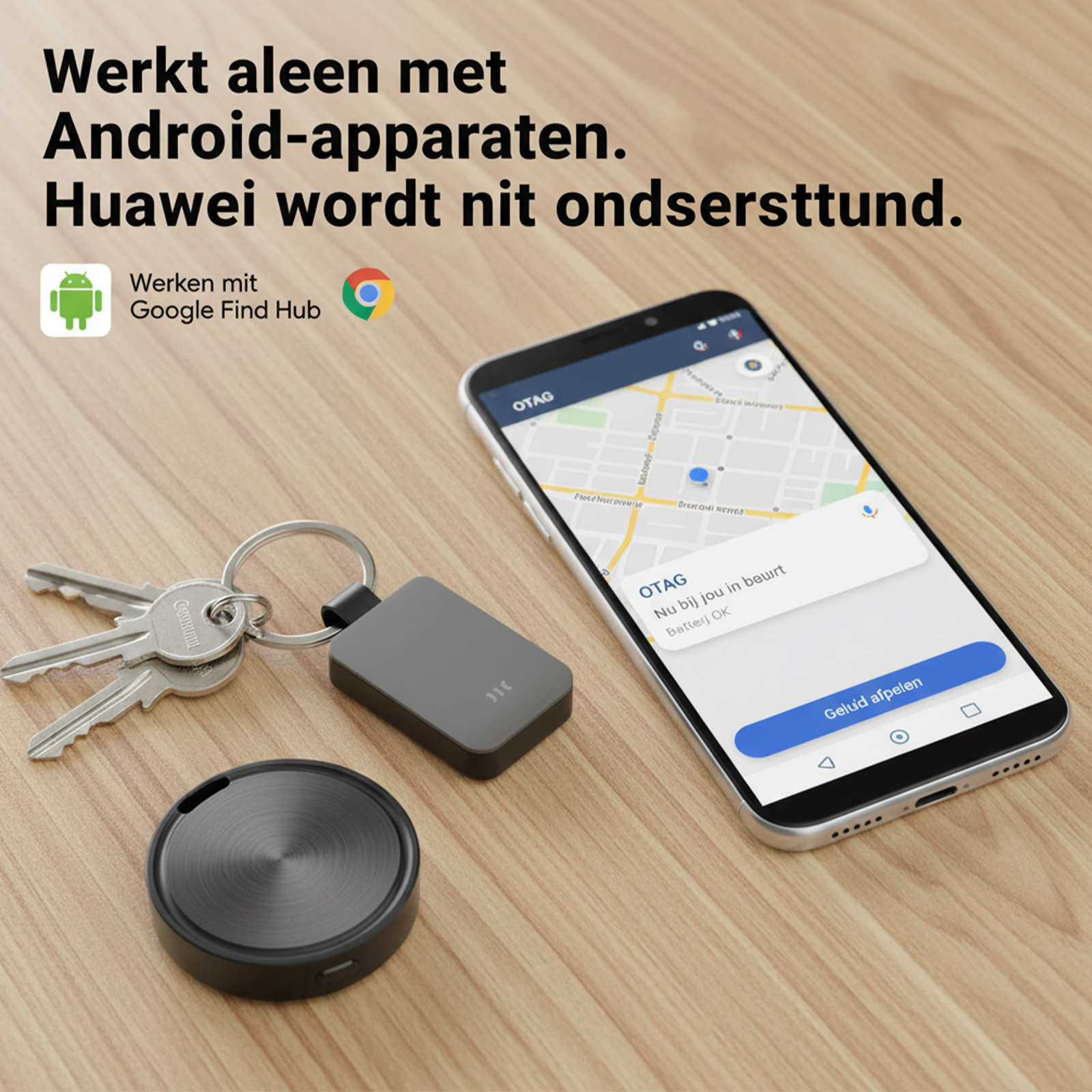 Android-Geräte, Schlüsselanhänger, Tracker und ein Smartphone mit Karte.
