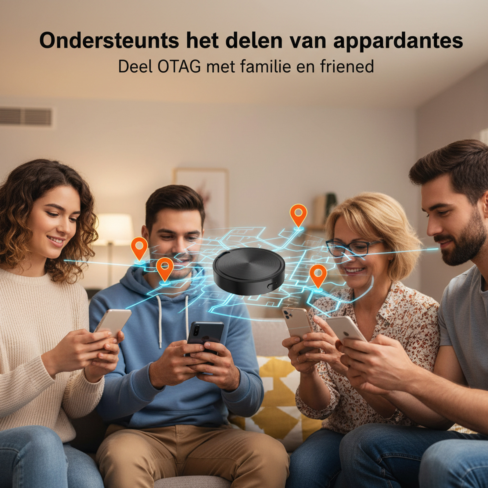 Vier Personen auf einem Sofa mit Smartphones. Ein schwarzes Gerät und Ortsmarkierungen sind zu sehen.
