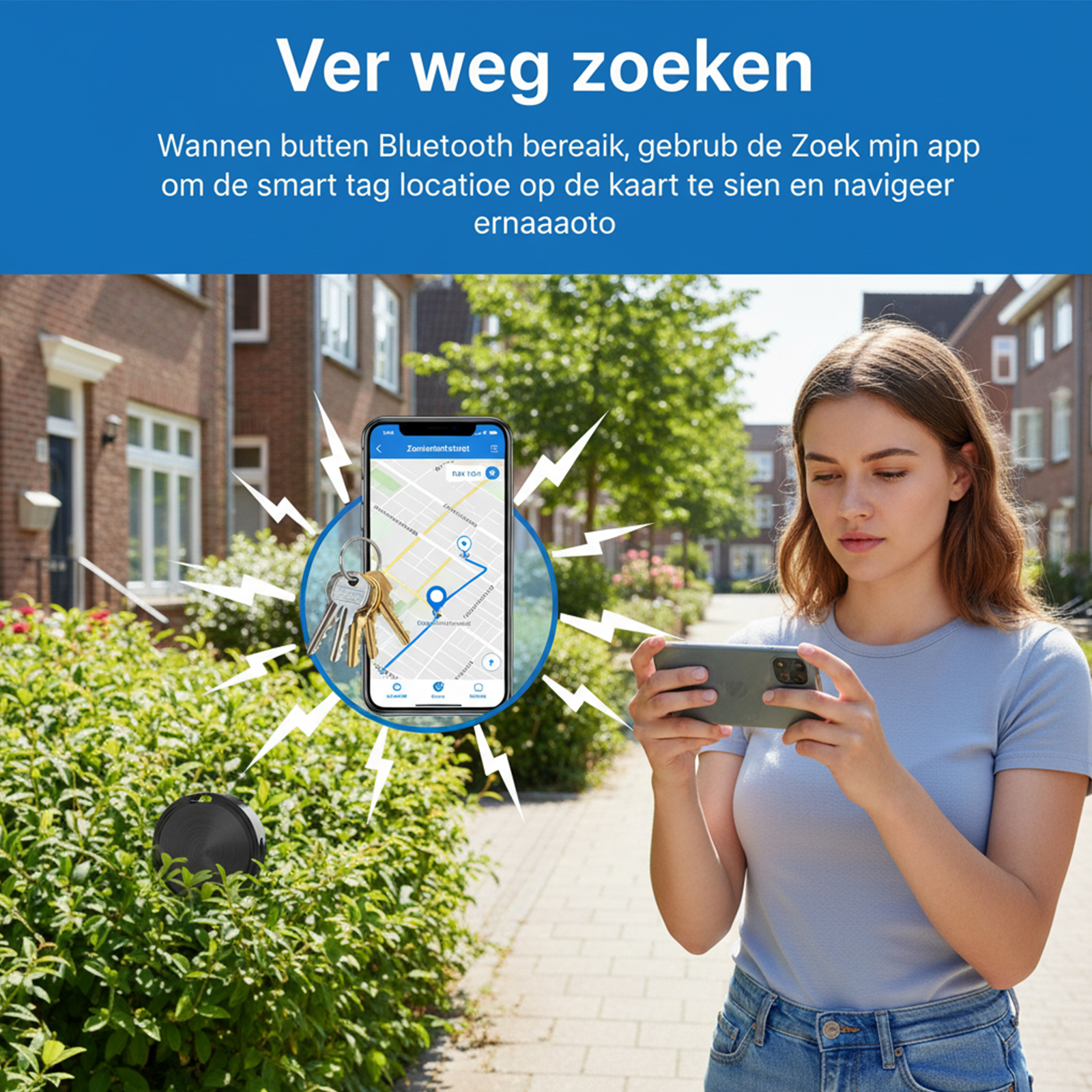 Eine Frau hält ein Smartphone, das eine Karte mit einem Schlüsselanhänger anzeigt.