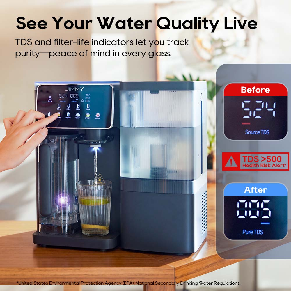 Ein Wasserspender mit digitaler Anzeige zeigt Wasserqualität vor und nach der Filterung.