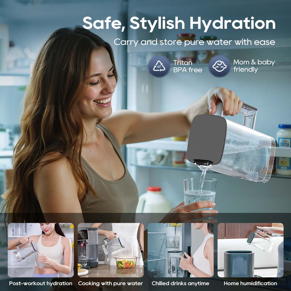 Eine Frau gießt Wasser aus einem Krug in ein Glas. Unten sind Szenen von Hydration und Kochen.