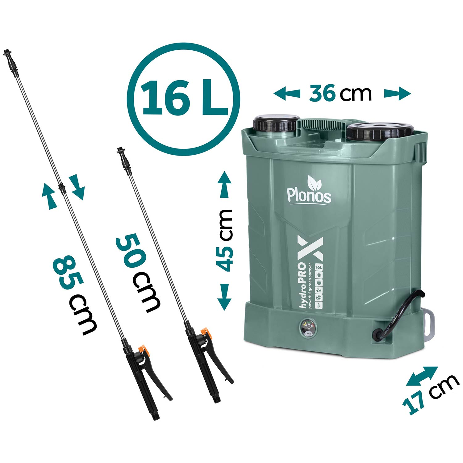 Zielony opryskiwacz ogrodowy 16L, z dwoma lancami (50/85cm) i wymiarami.