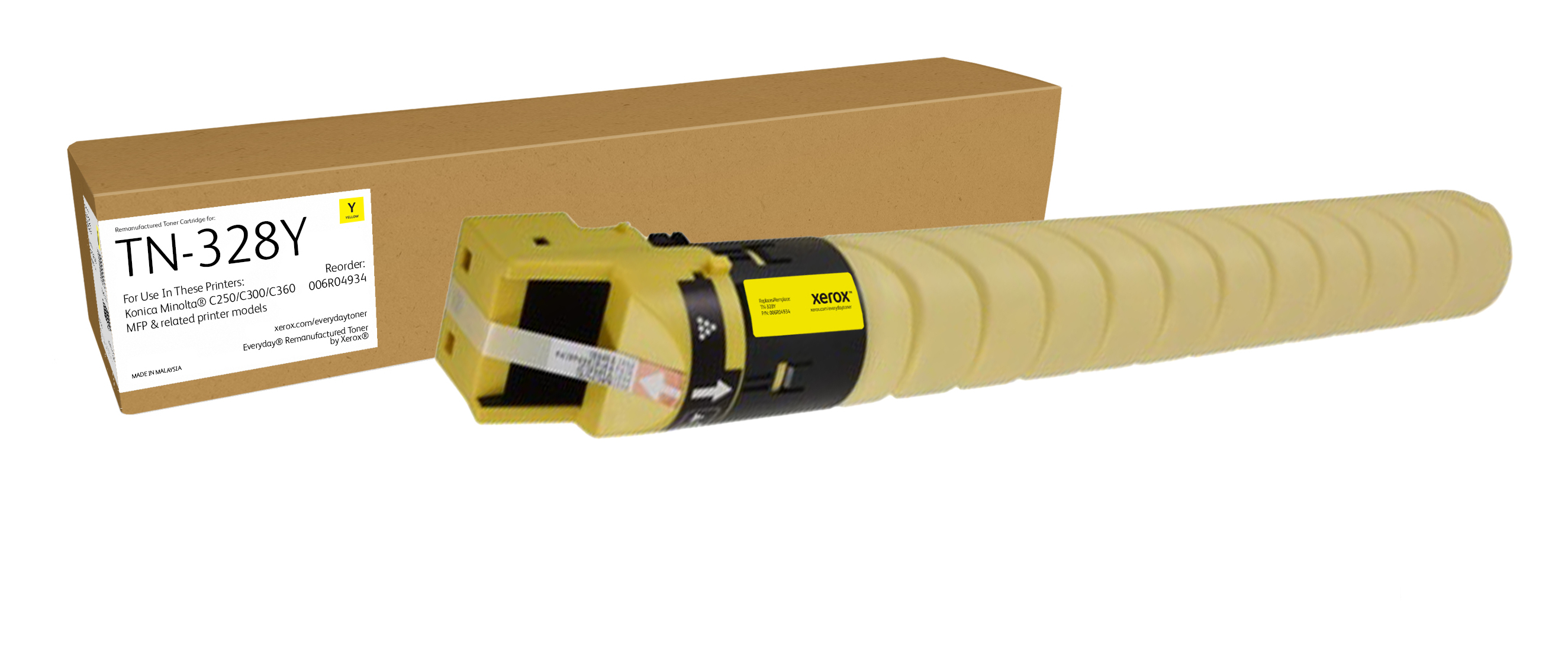 Gele Xerox TN-328Y toner cartridge in doos, voor Konica Minolta printers.