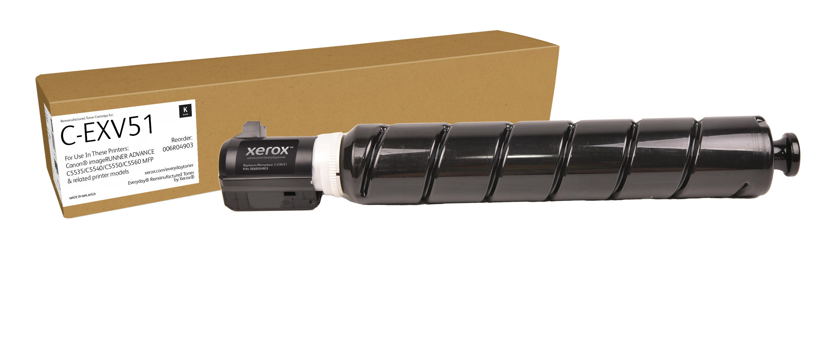 Een zwarte Xerox toner cartridge naast de bruine verpakking.
