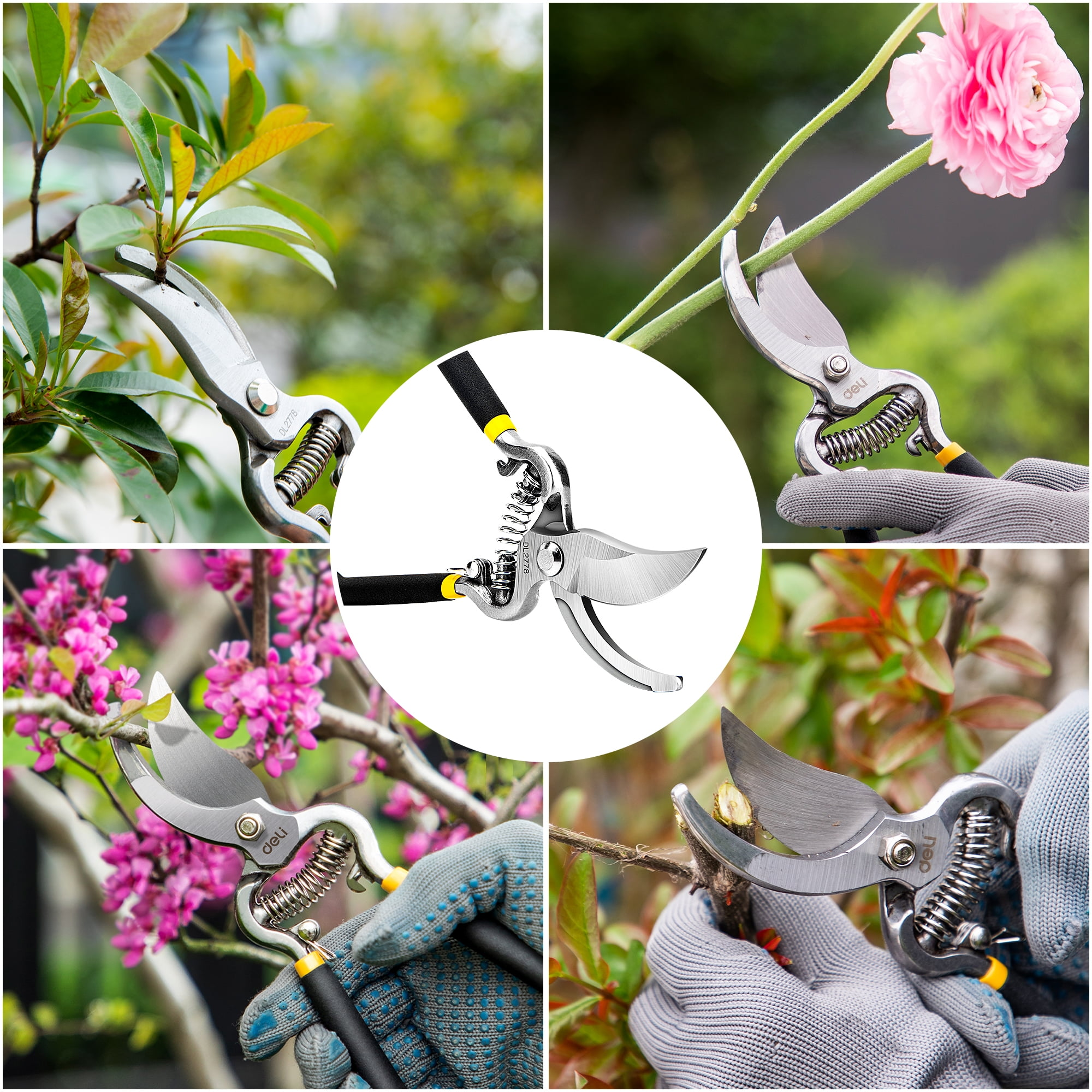 Gartenschere schneidet Äste von Pflanzen mit grünen und rosa Blüten.
