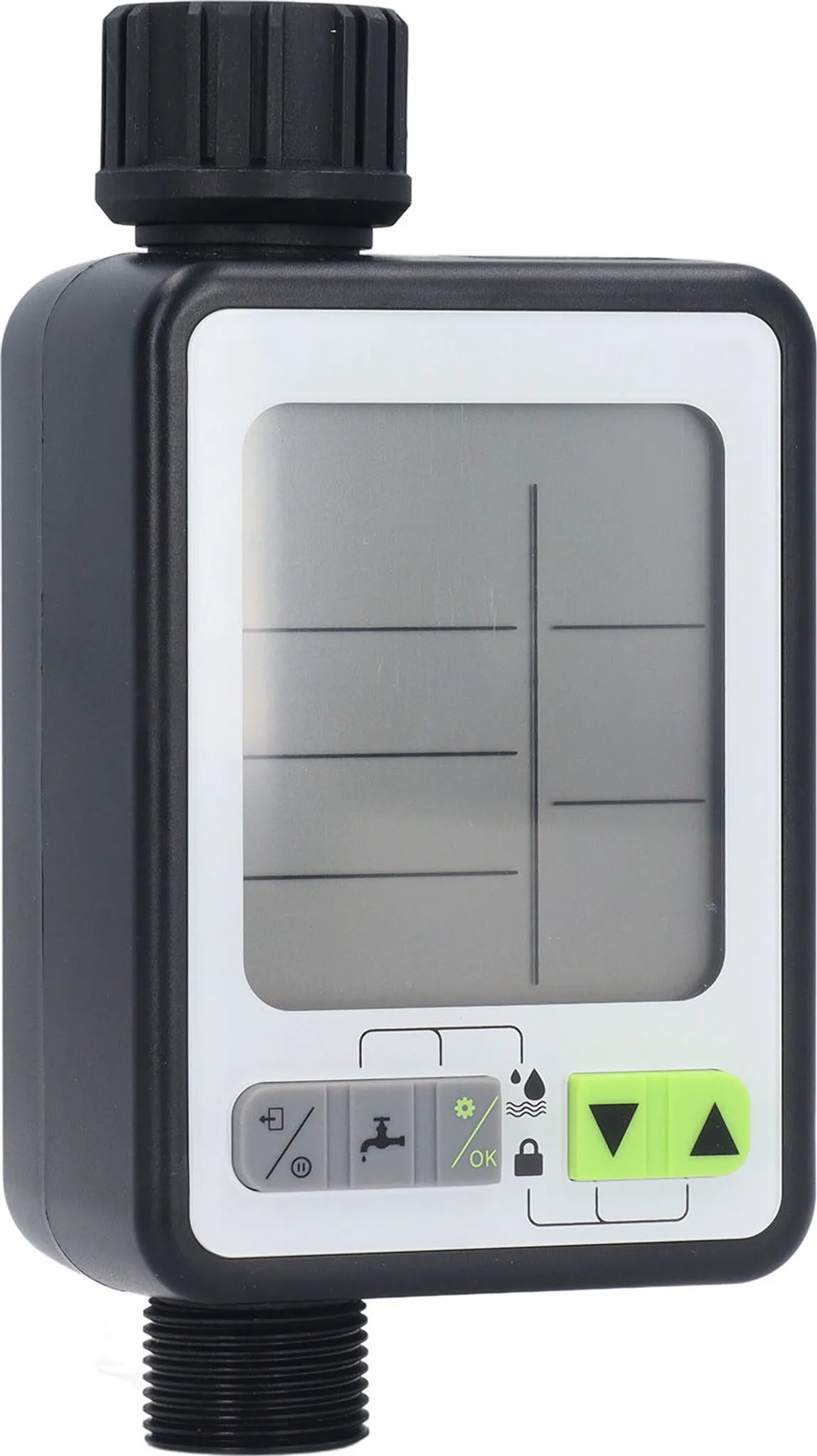 Schwarzer digitaler Bewässerungszeitschaltuhr mit LCD-Display und Bedienelementen.
