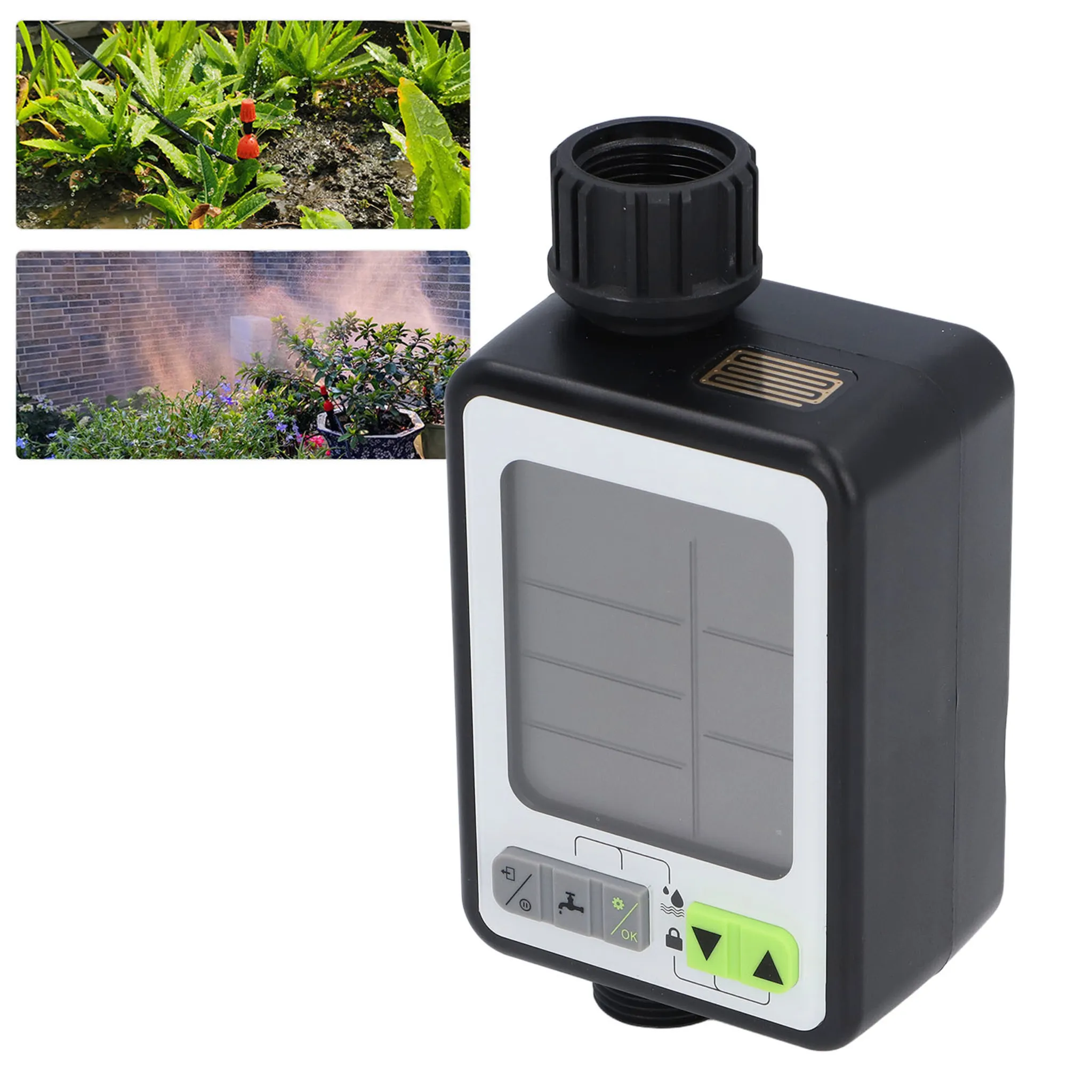 Digitaler Timer für Gartenbewässerung mit Display und Tasten. Zwei Einlegebilder zeigen Sprinkler, die Pflanzen gießen.