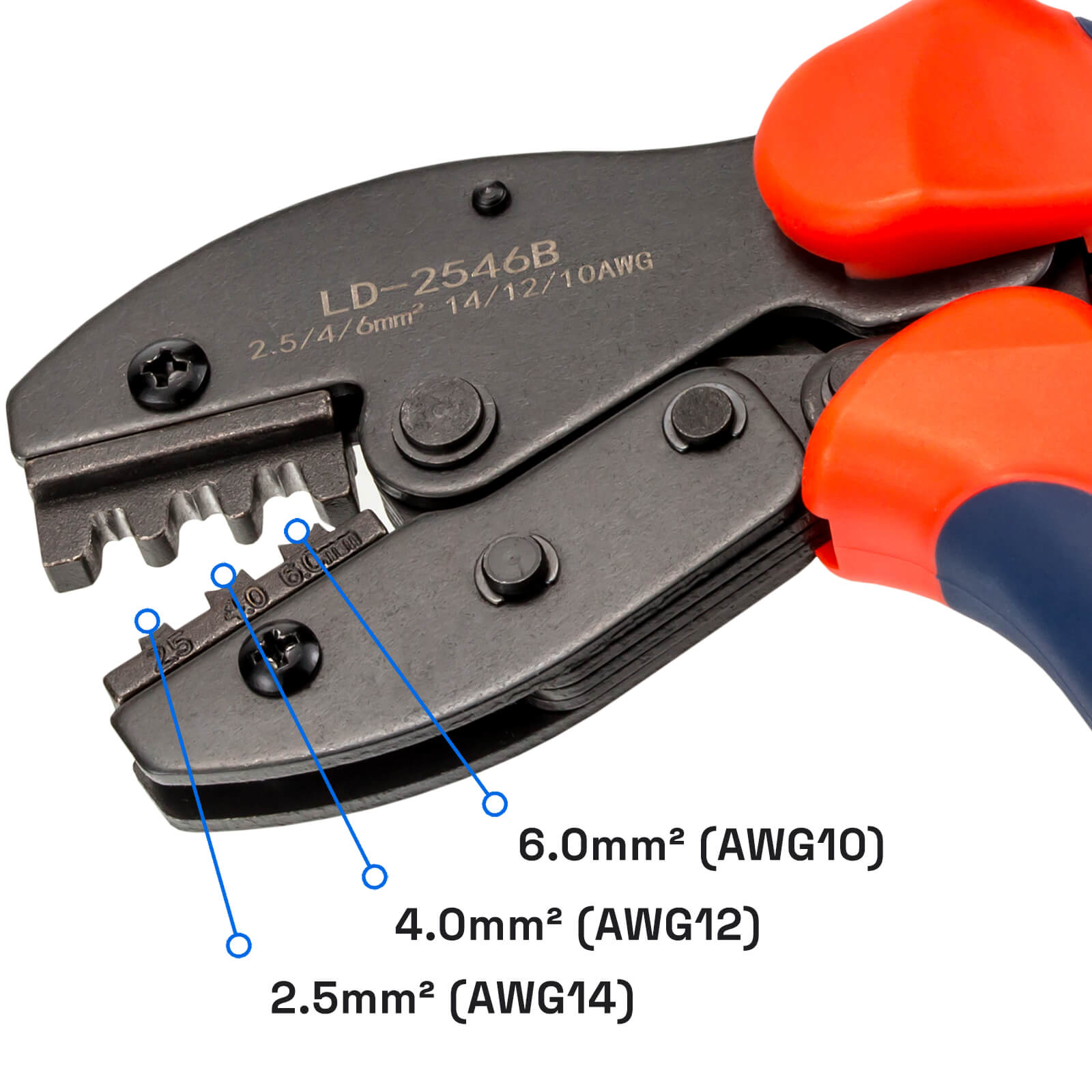 Eine Crimpzange mit orangen Griffen und Markierungen für 2,5, 4 und 6 mm².