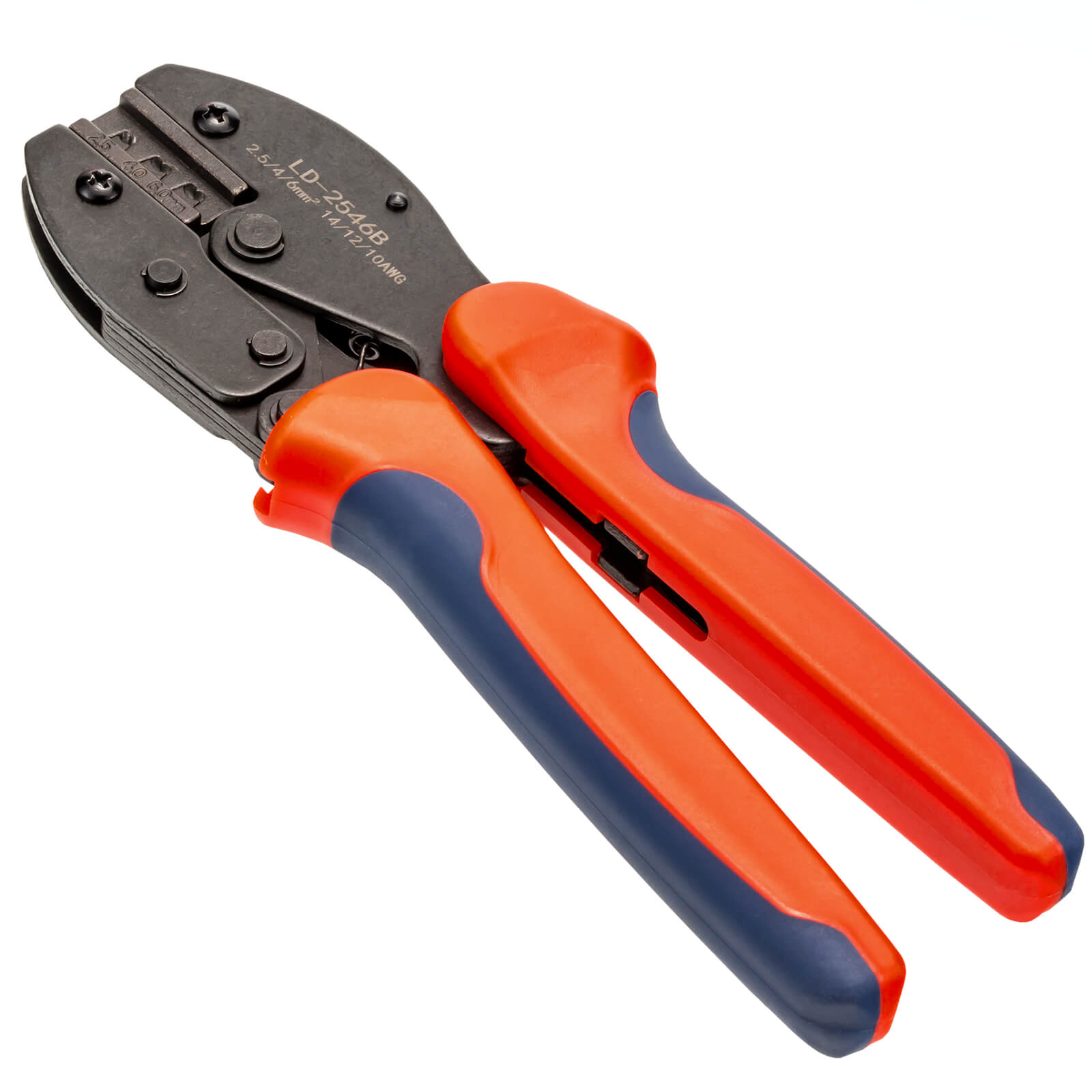 Eine Zange mit orange-blauen Griffen und schwarzen Metallteilen.
