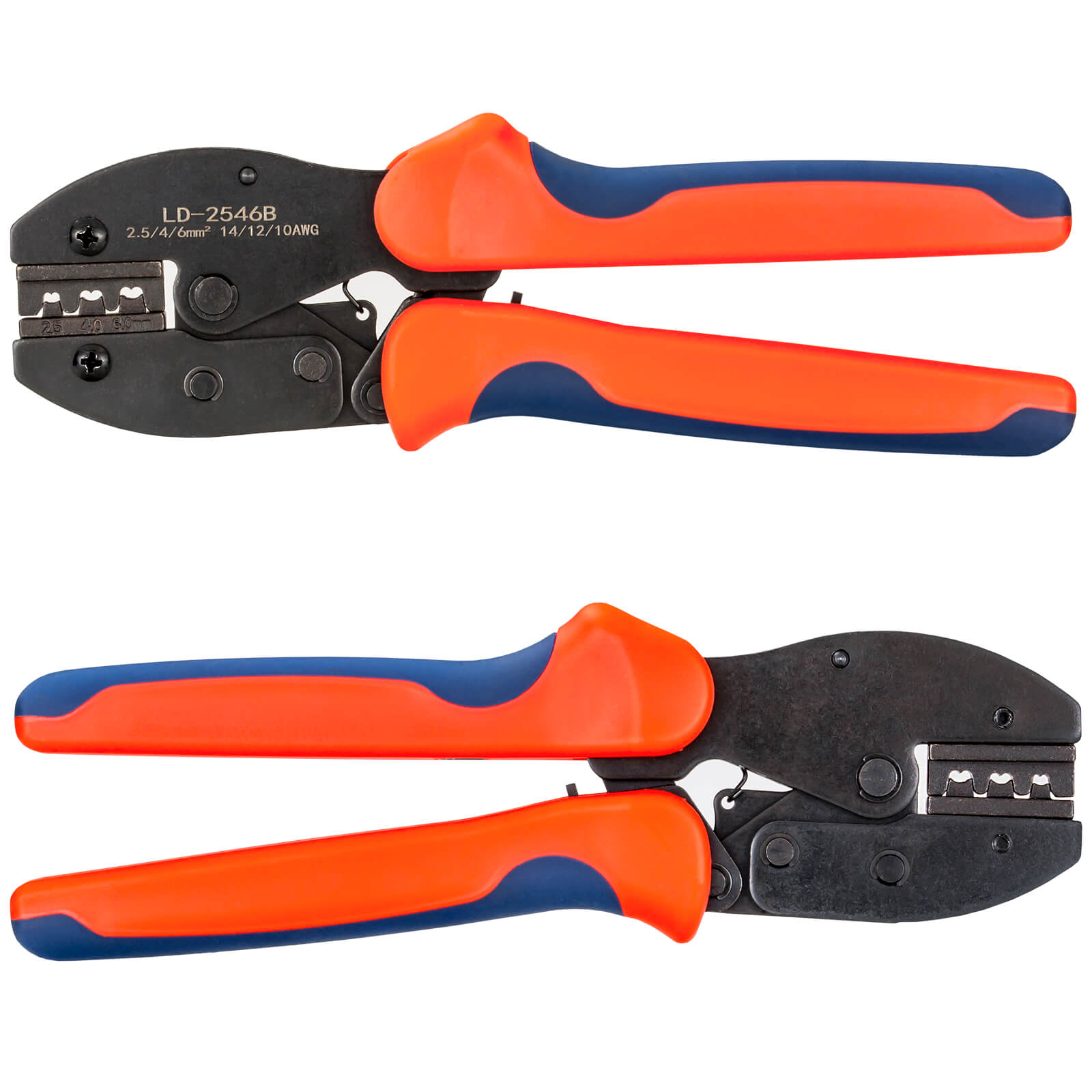 Zwei Crimpzangen mit orange-blauen Griffen nebeneinander auf weißem Grund.