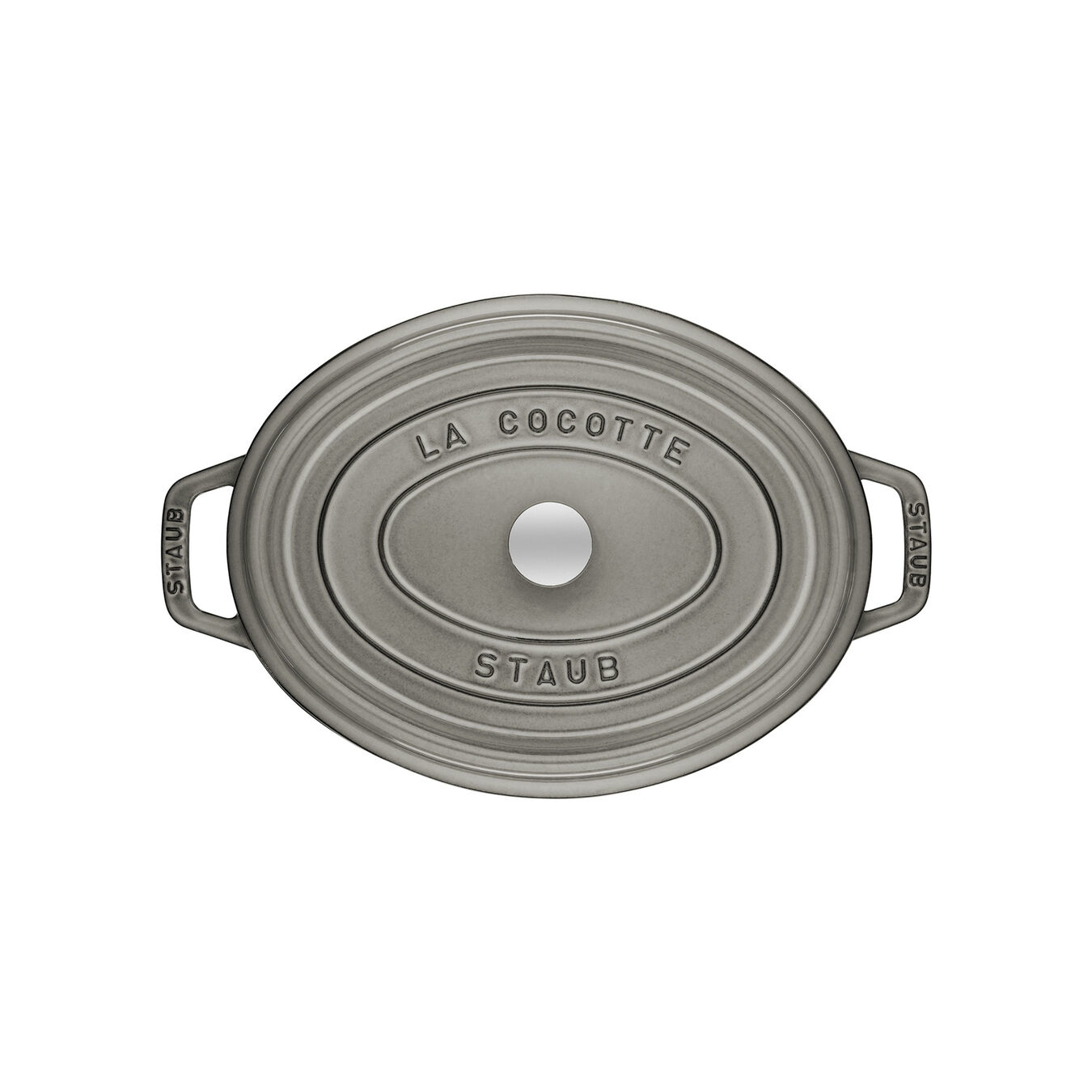 Grauer ovaler Staub Cocotte Bräter mit Deckel und Griffen.