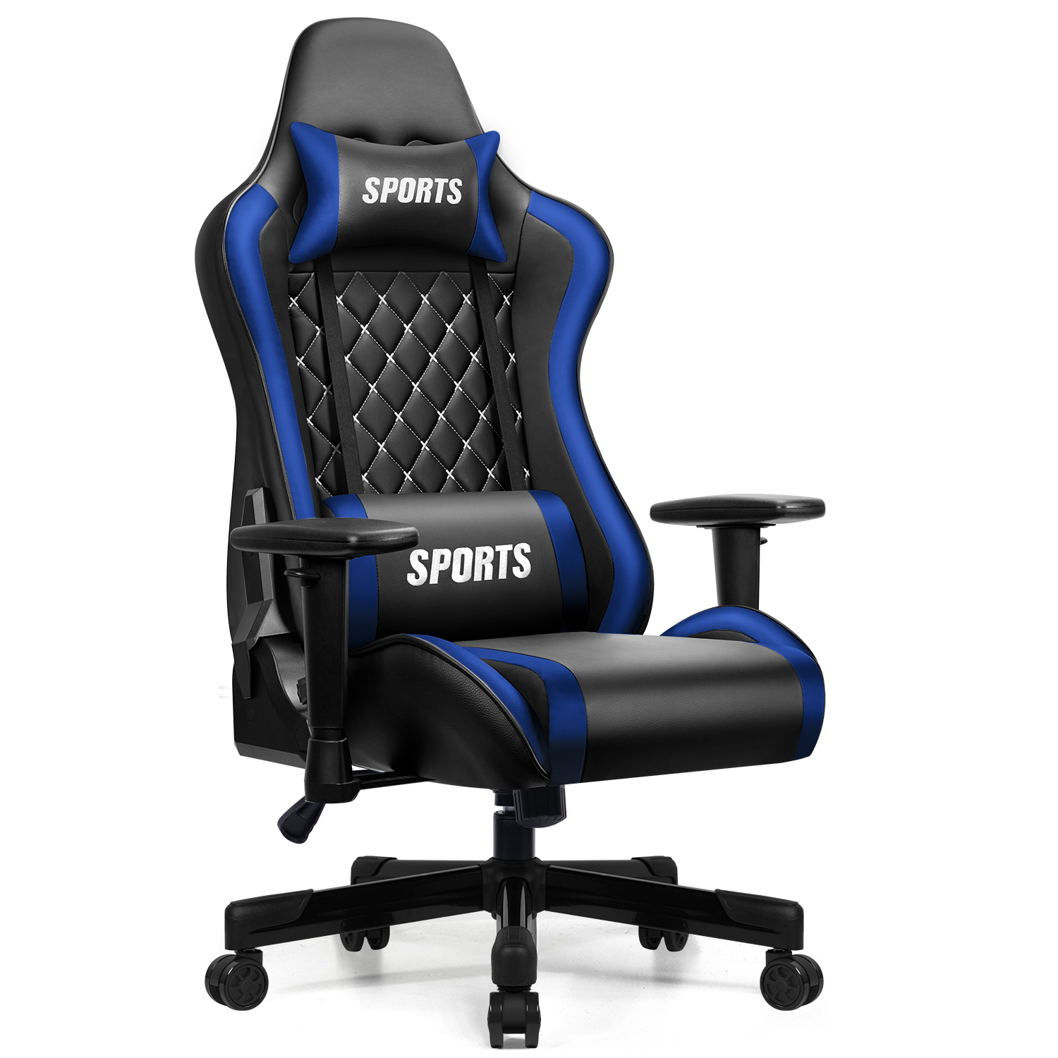 Schwarzer Gaming-Stuhl mit blauen Akzenten und Kopf- und Lendenkissen.