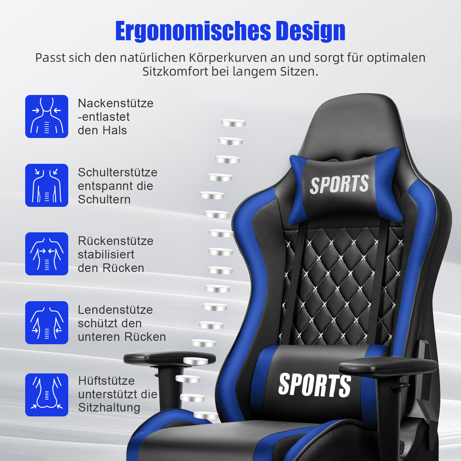 Ergonomischer Gaming-Stuhl in Schwarz und Blau mit "SPORTS"-Logo.
