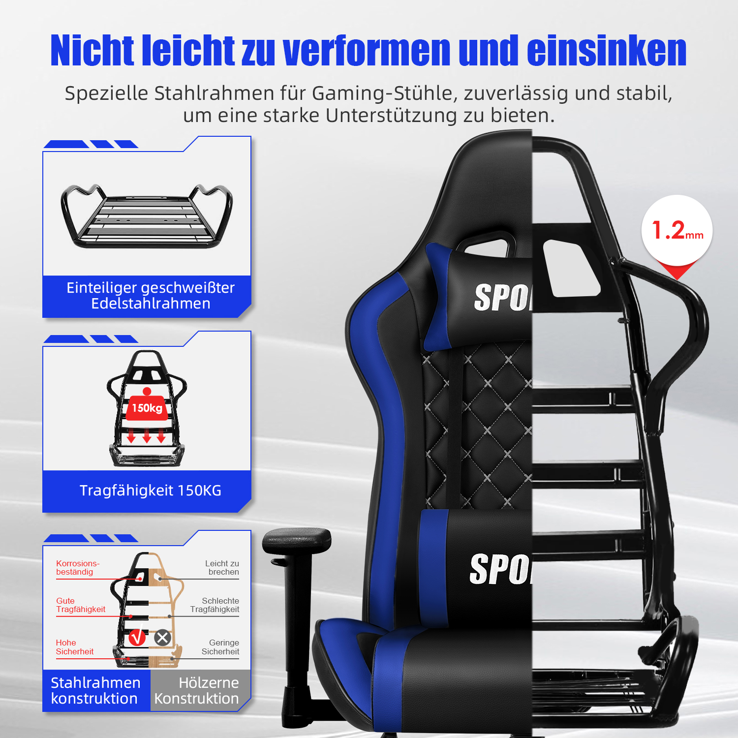 Gaming-Stuhl mit Stahlrahmen, 150kg Tragkraft, 1,2mm Dicke.