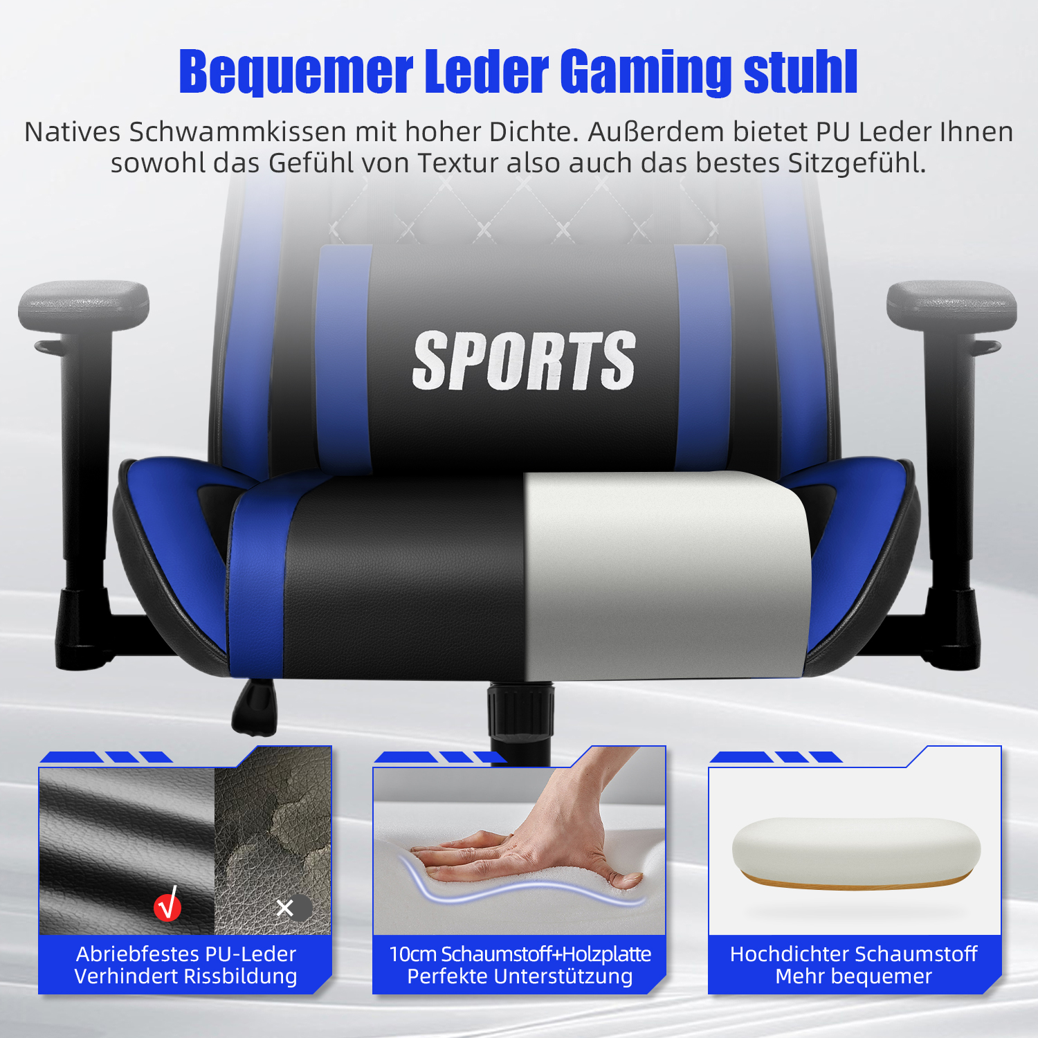 Ein schwarzer und blauer Gaming-Stuhl mit dem Wort SPORTS. Details zeigen PU-Leder und Schaumstoff.