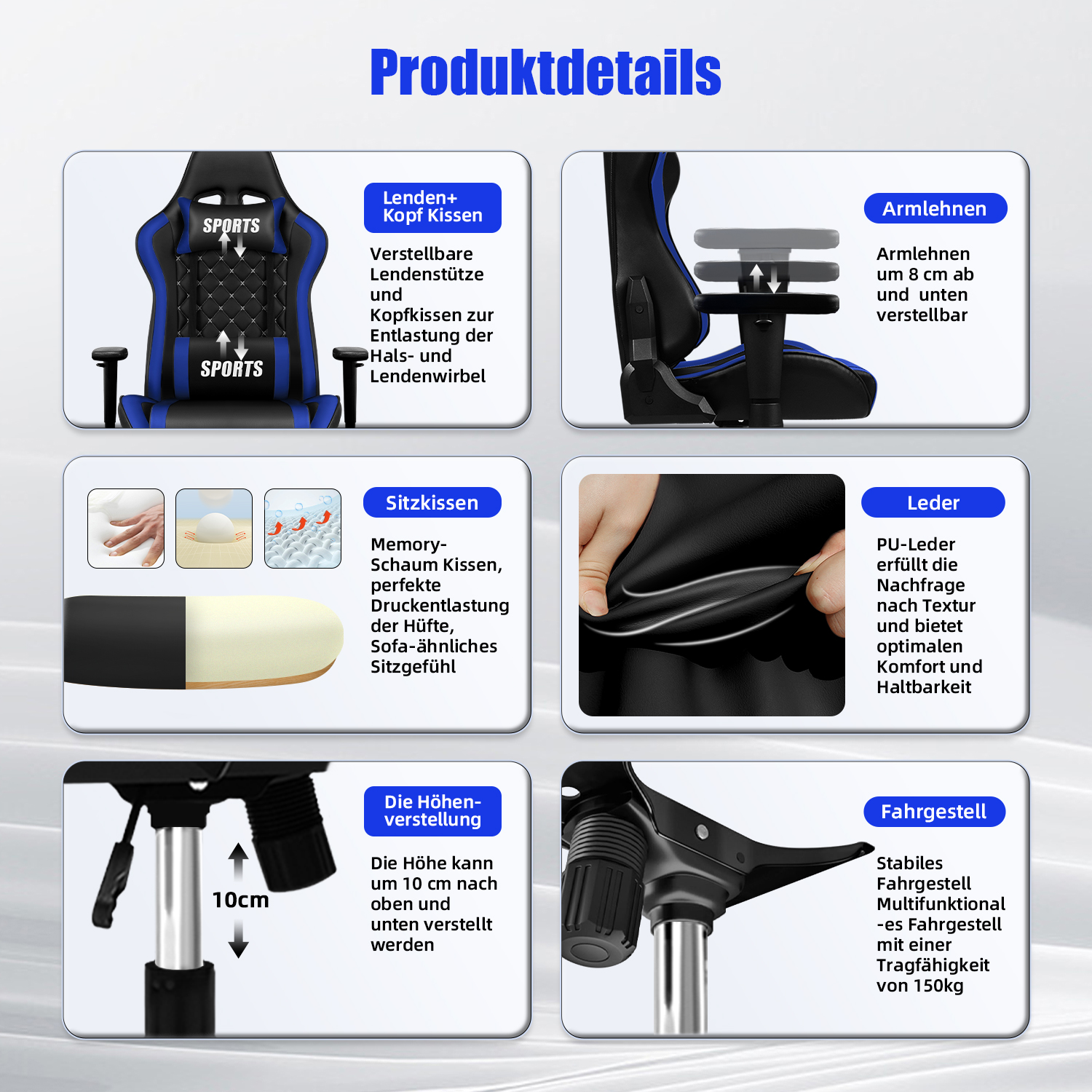 Produktübersicht: Bürostuhl mit Lendenkissen, verstellbaren Armlehnen und Sitz.