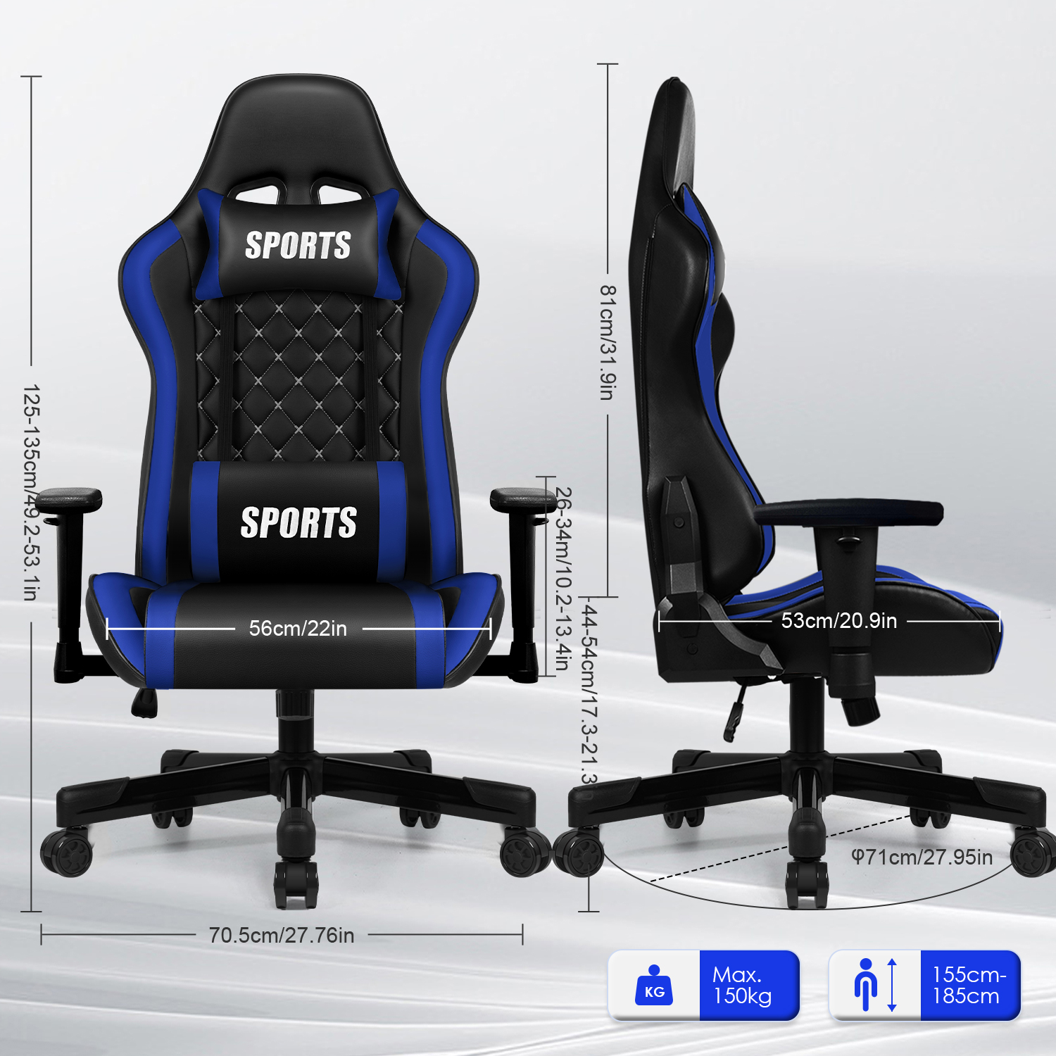 Schwarzer und blauer Gaming-Stuhl mit Maßen und dem Wort SPORTS.