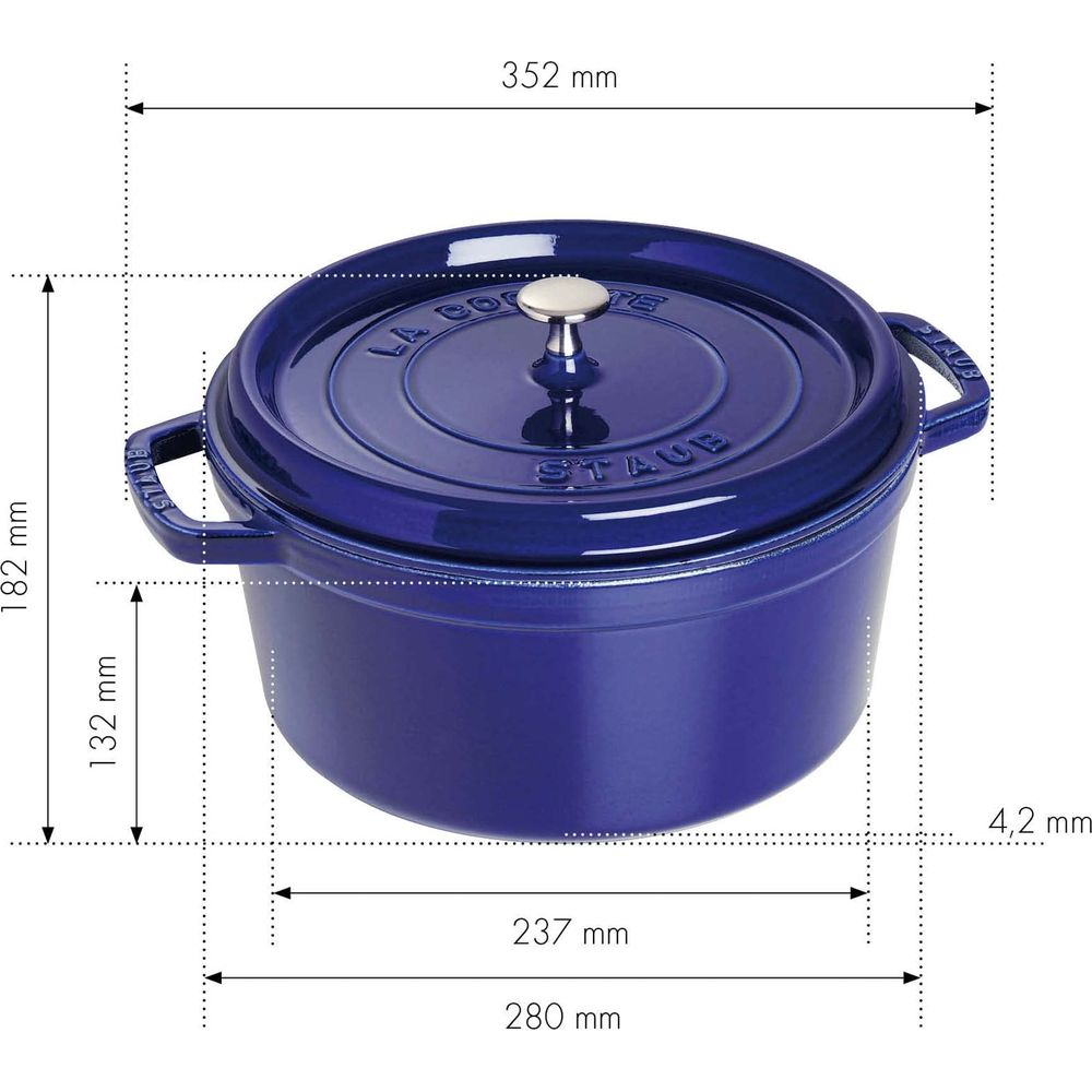 Blaue Cocotte von Staub mit Maßen: 352x182mm, 237x132mm, 280mm, 4,2mm.