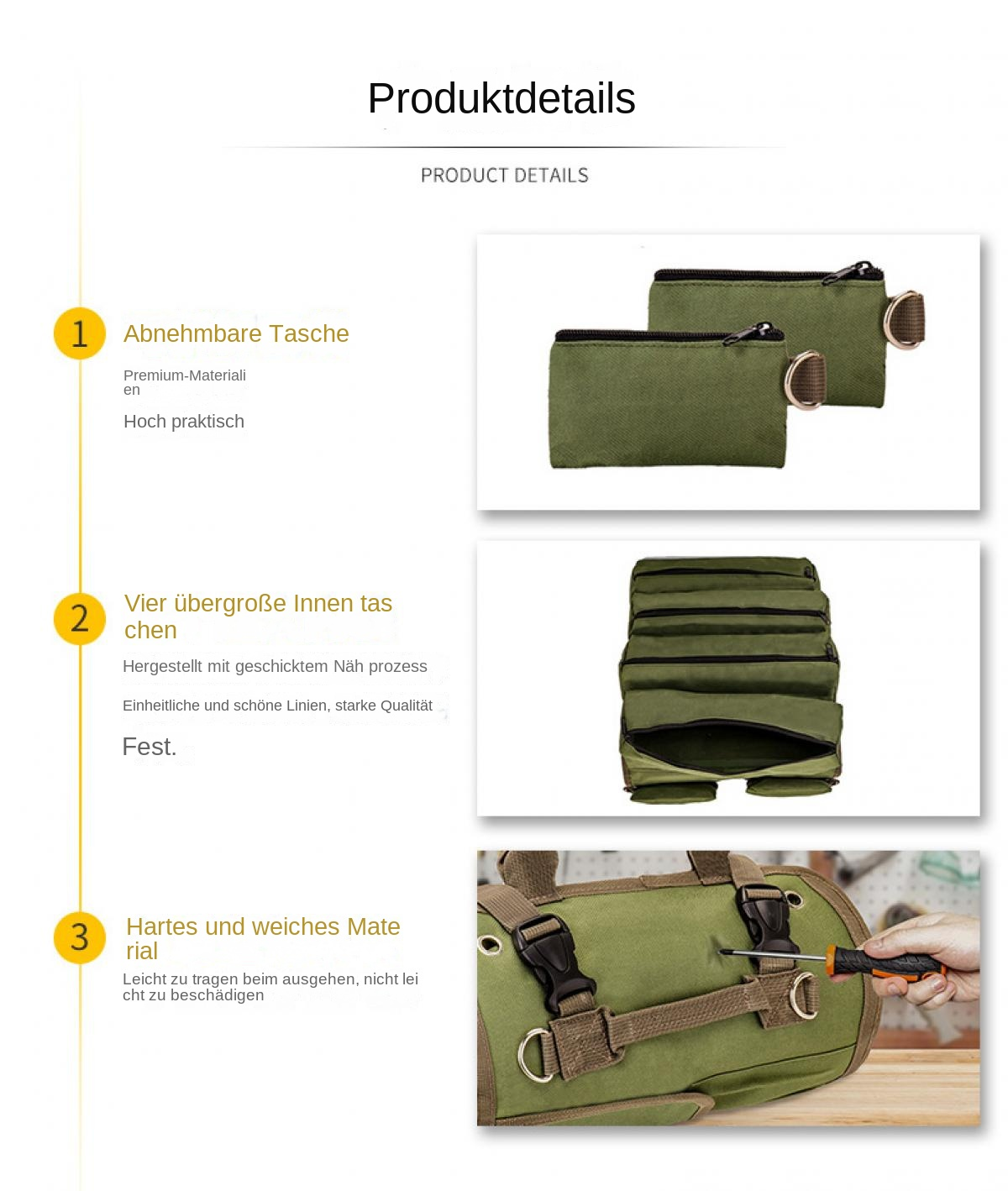 Produkt-Detailübersicht mit grünen Taschen und Werkzeugrollen.