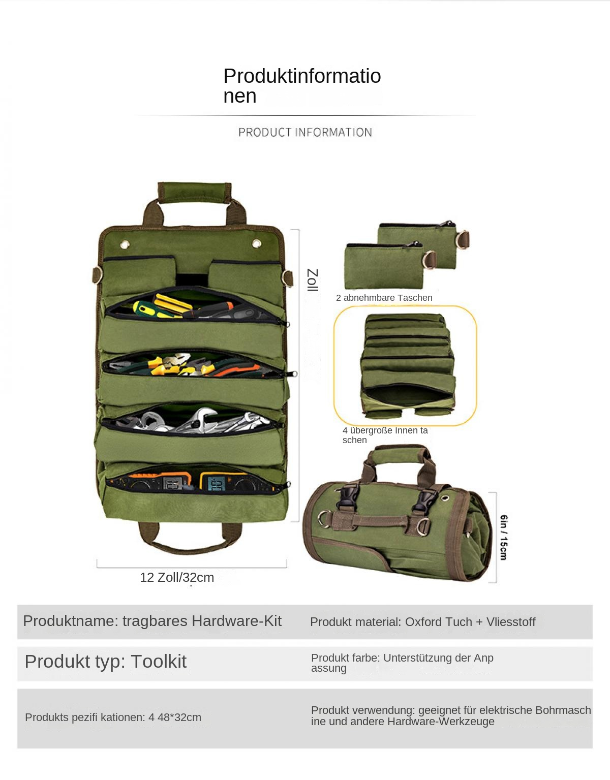 Grüne Werkzeugtasche mit mehreren Fächern, aufgerollt und zugeknöpft. Enthält Werkzeuge.