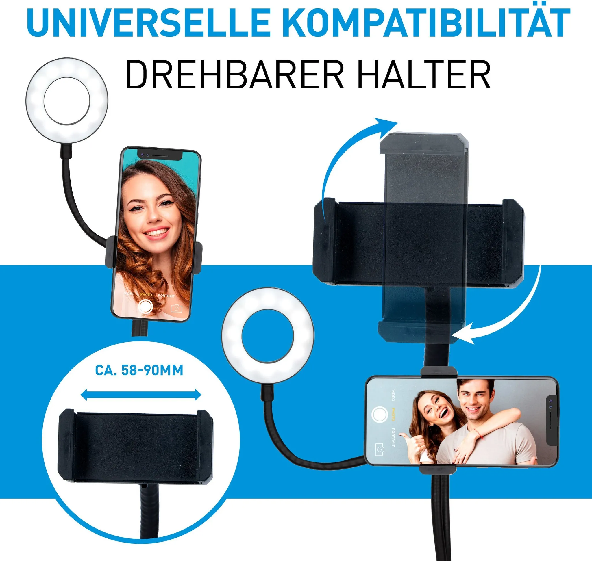 Flexibler Handyhalter mit Ringlicht, verstellbar von 58-90mm.