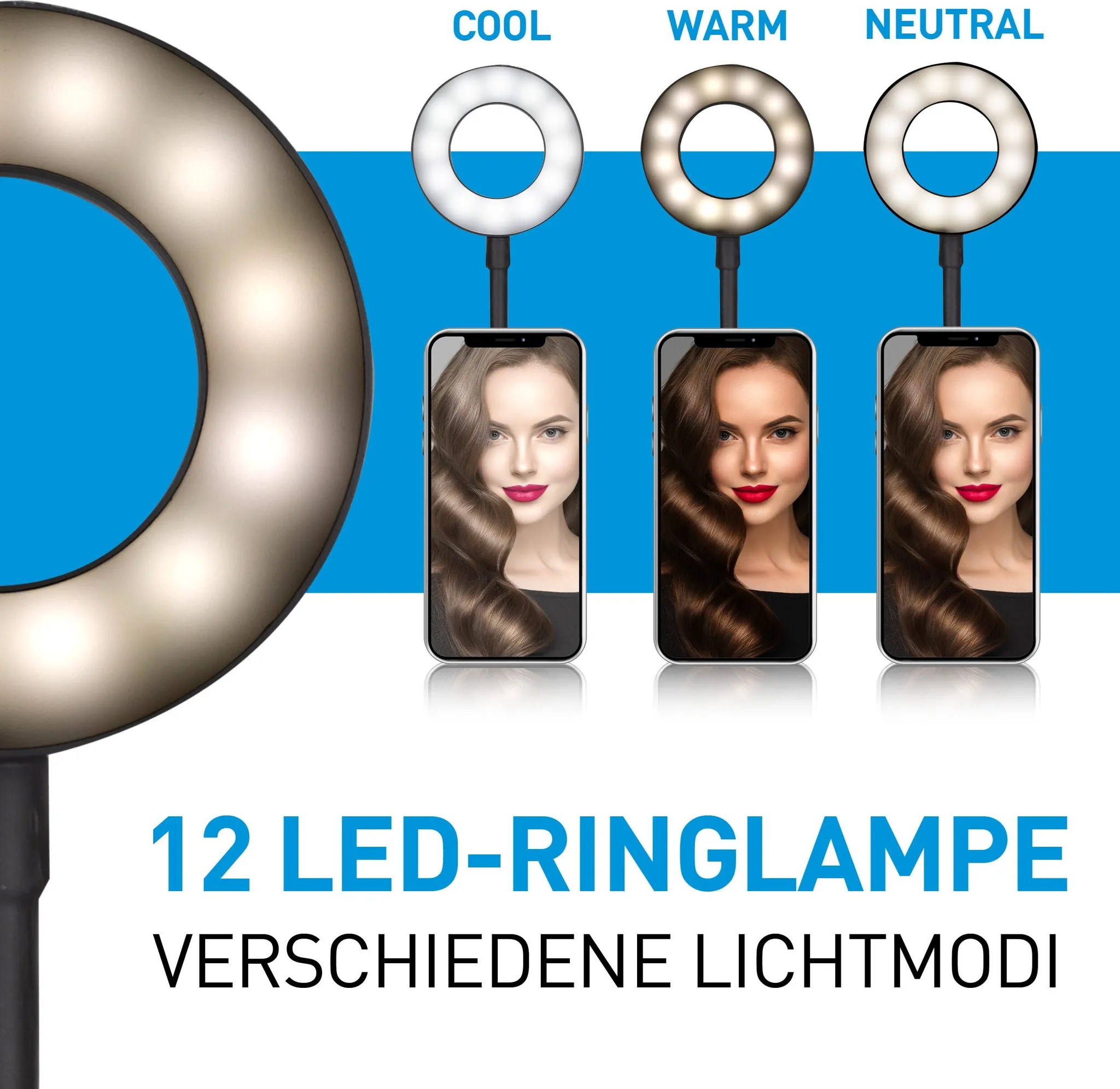 Ringlicht mit 3 Lichtmodi: Kalt, Warm, Neutral. Zwei Frauenporträts.