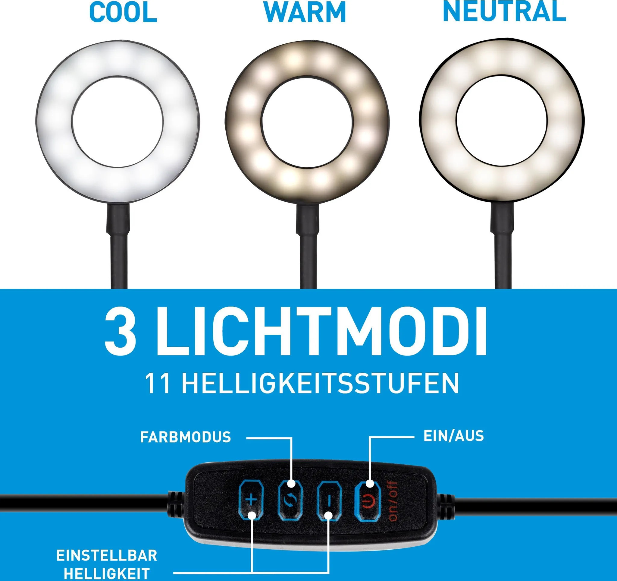 Drei Ringlichter: Kalt, Warm, Neutral. Mit Bedieneinheit.