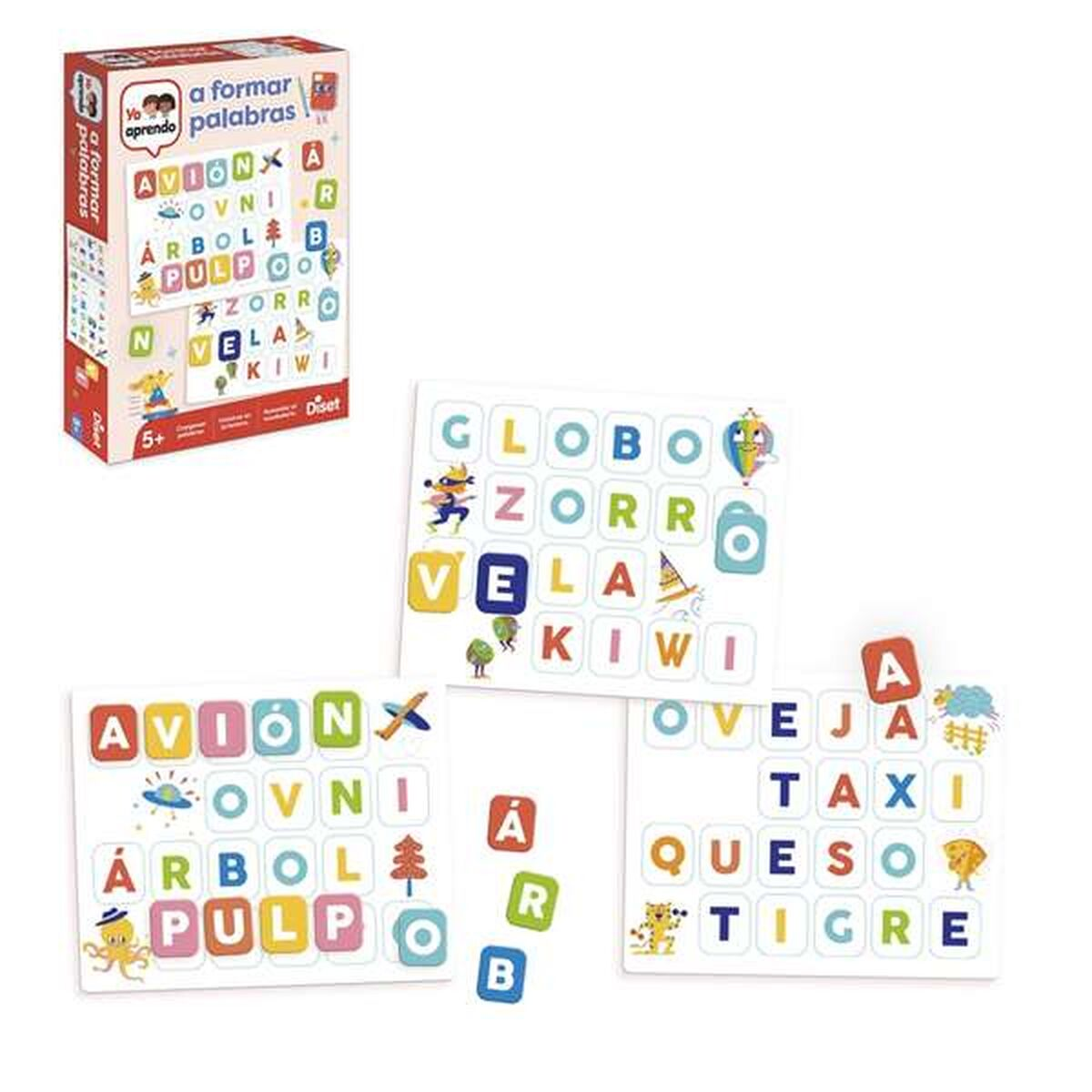 Un juego de palabras con fichas y tarjetas de imágenes para niños.