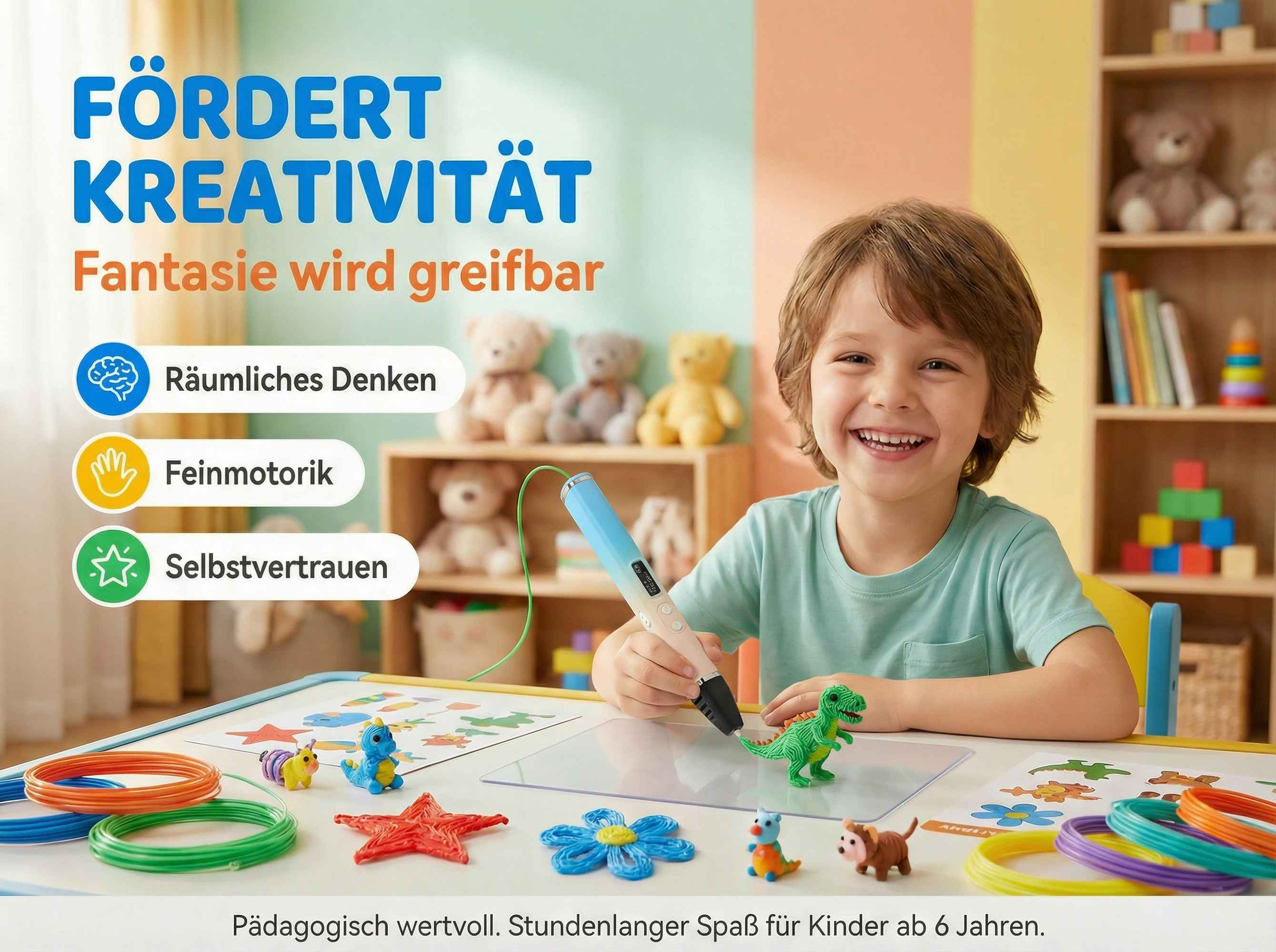 Ein Junge benutzt einen 3D-Stift, um einen grünen Dinosaurier zu erschaffen, mit Spielzeug und Bastelmaterial.
