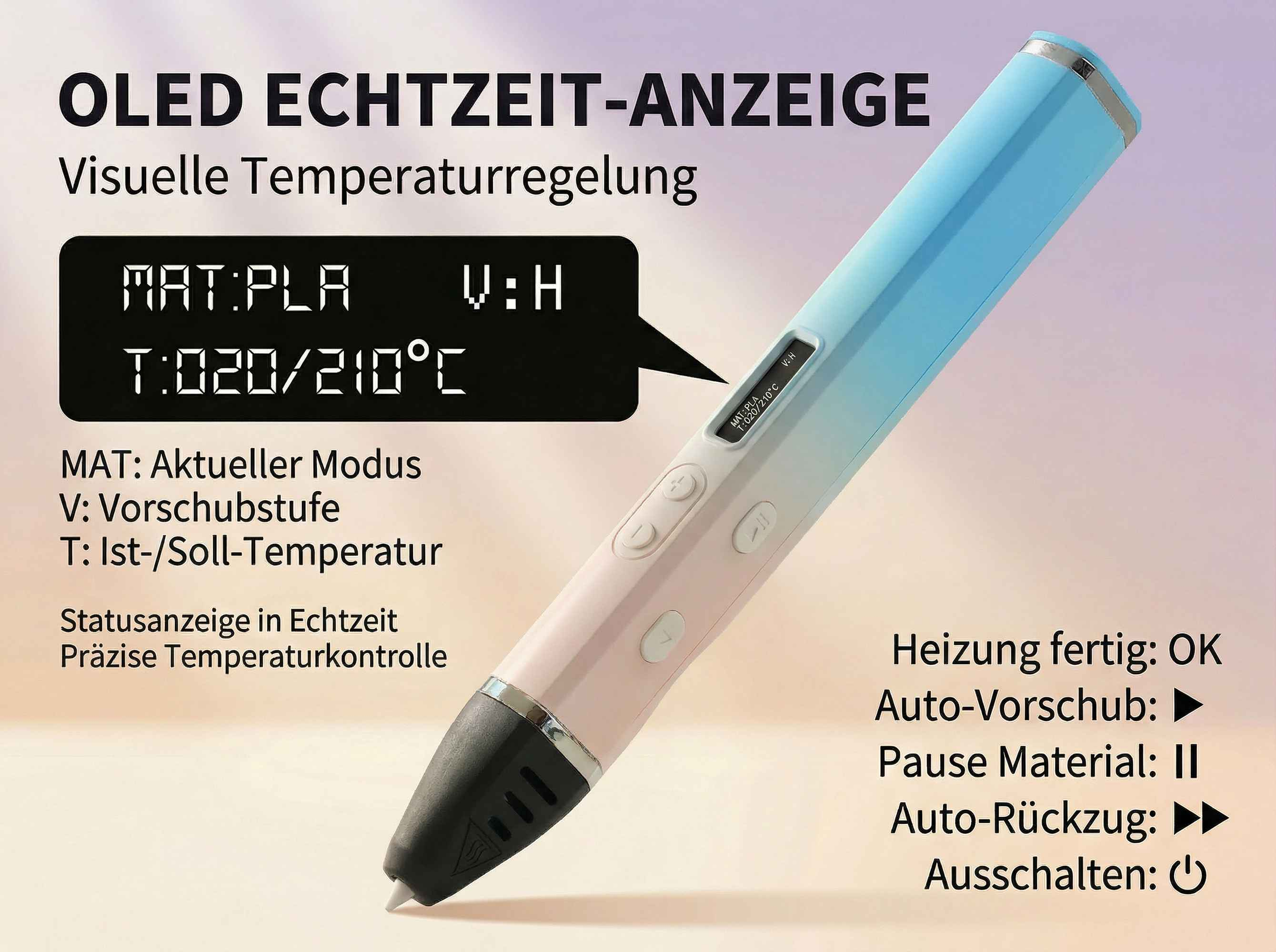 Ein 3D-Stift mit OLED-Anzeige zeigt Material und Temperatur an.