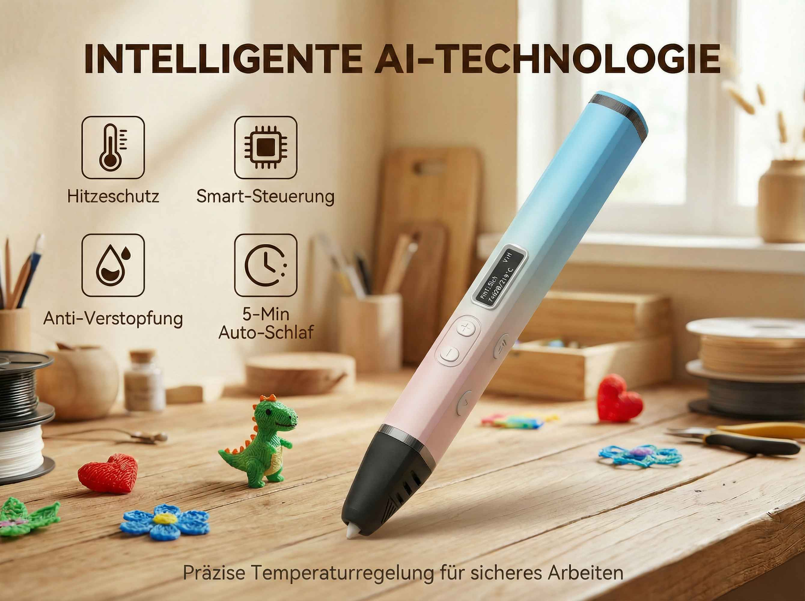 Ein 3D-Stift mit Farbverlauf liegt auf einem Holztisch mit Bastelmaterialien.