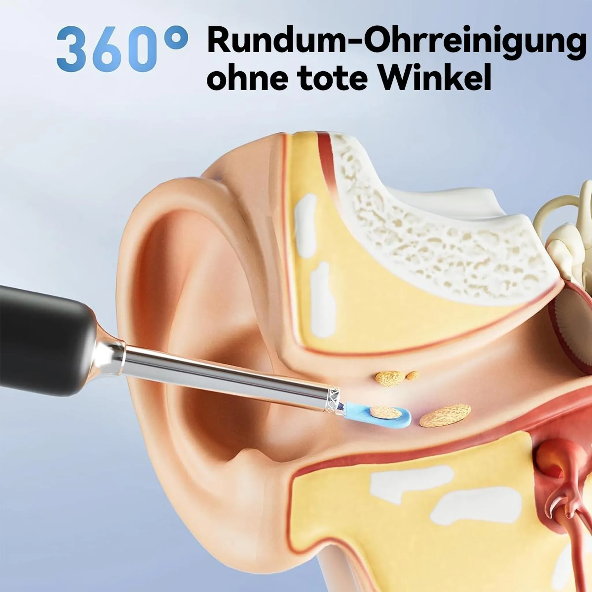 Ein Ohrreinigungsgerät entfernt Ohrenschmalz aus einem detaillierten Modell eines menschlichen Ohres.