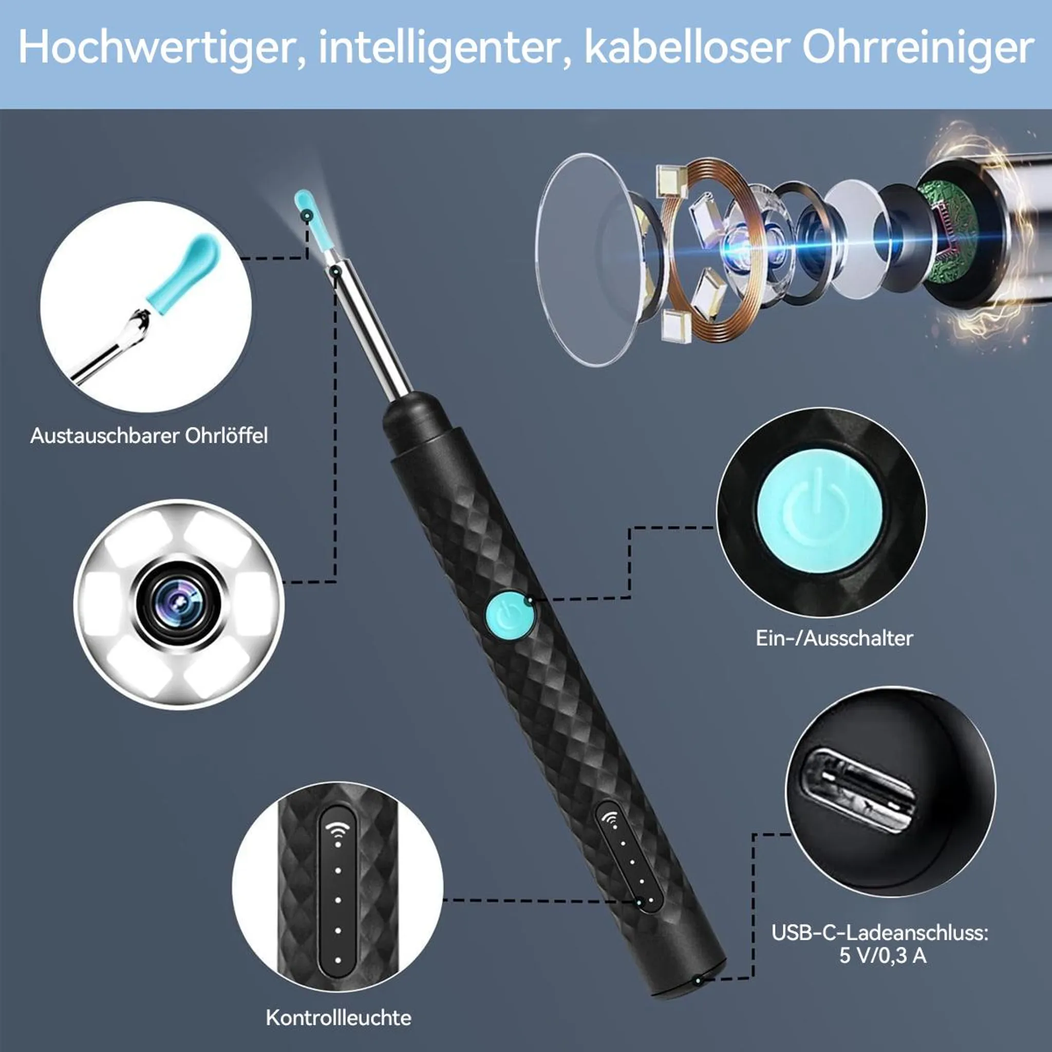 Hochwertiger Ohrreiniger mit austauschbarem Aufsatz, LED und USB-C.