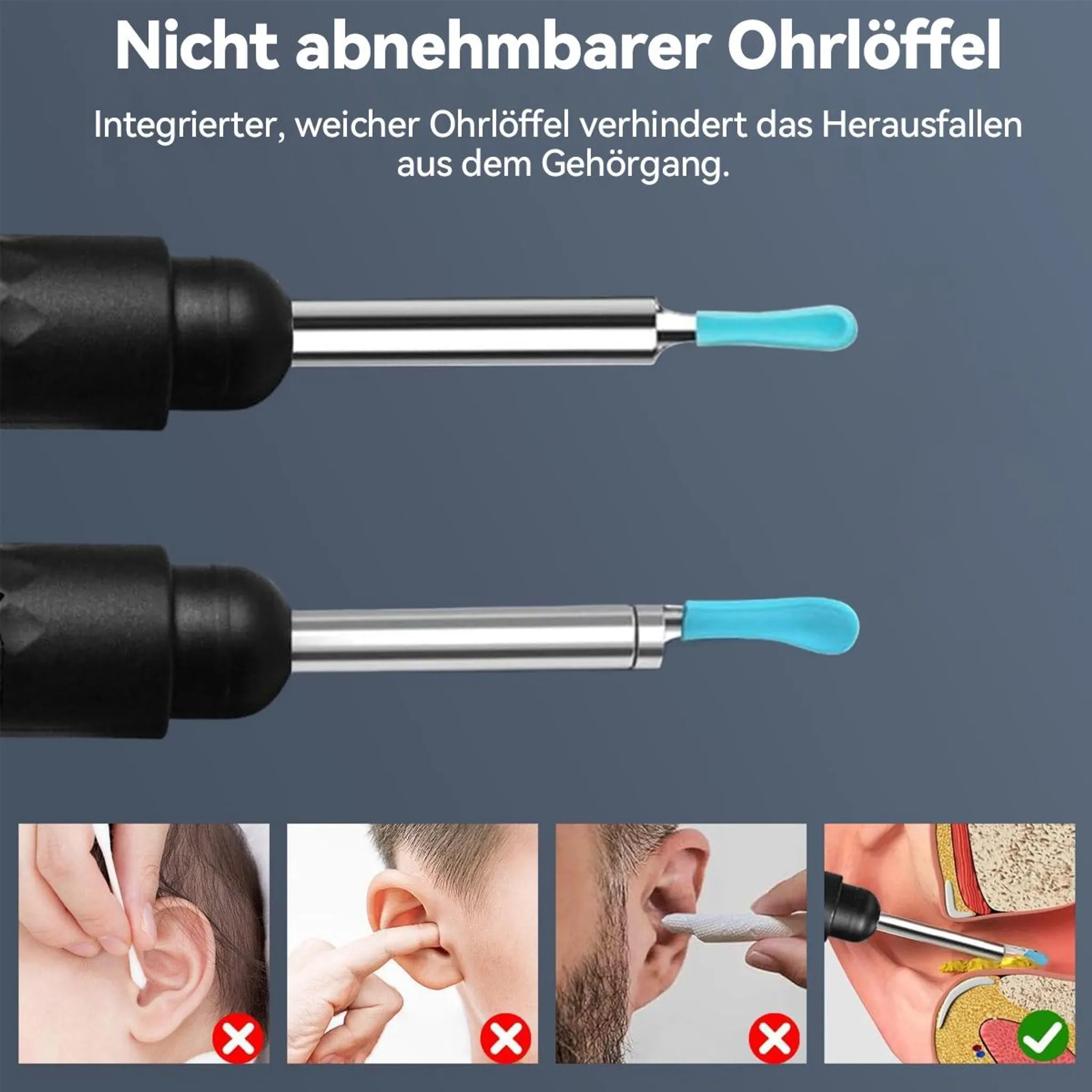 Zwei Ohrreiniger mit blauen Spitzen, daneben vier kleine Bilder.