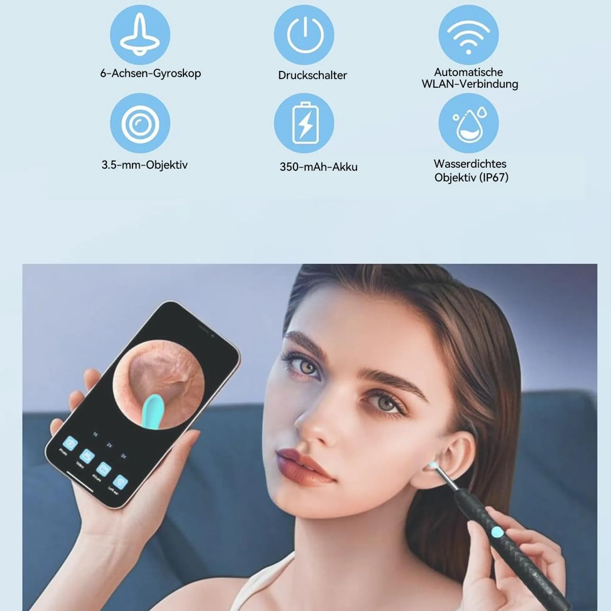 Frau nutzt ein digitales Ohrenreinigungswerkzeug, das auf ihrem Handy angezeigt wird.