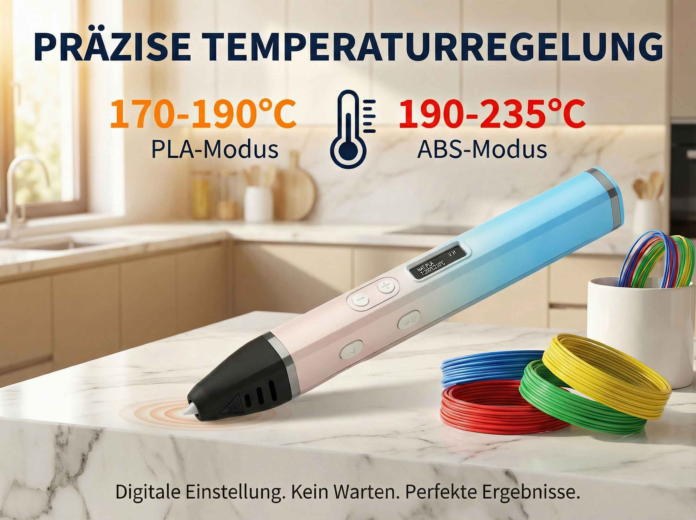 Ein 3D-Stift mit Farbverlauf, neben Filamentrollen in Rot, Grün, Blau und Gelb.
