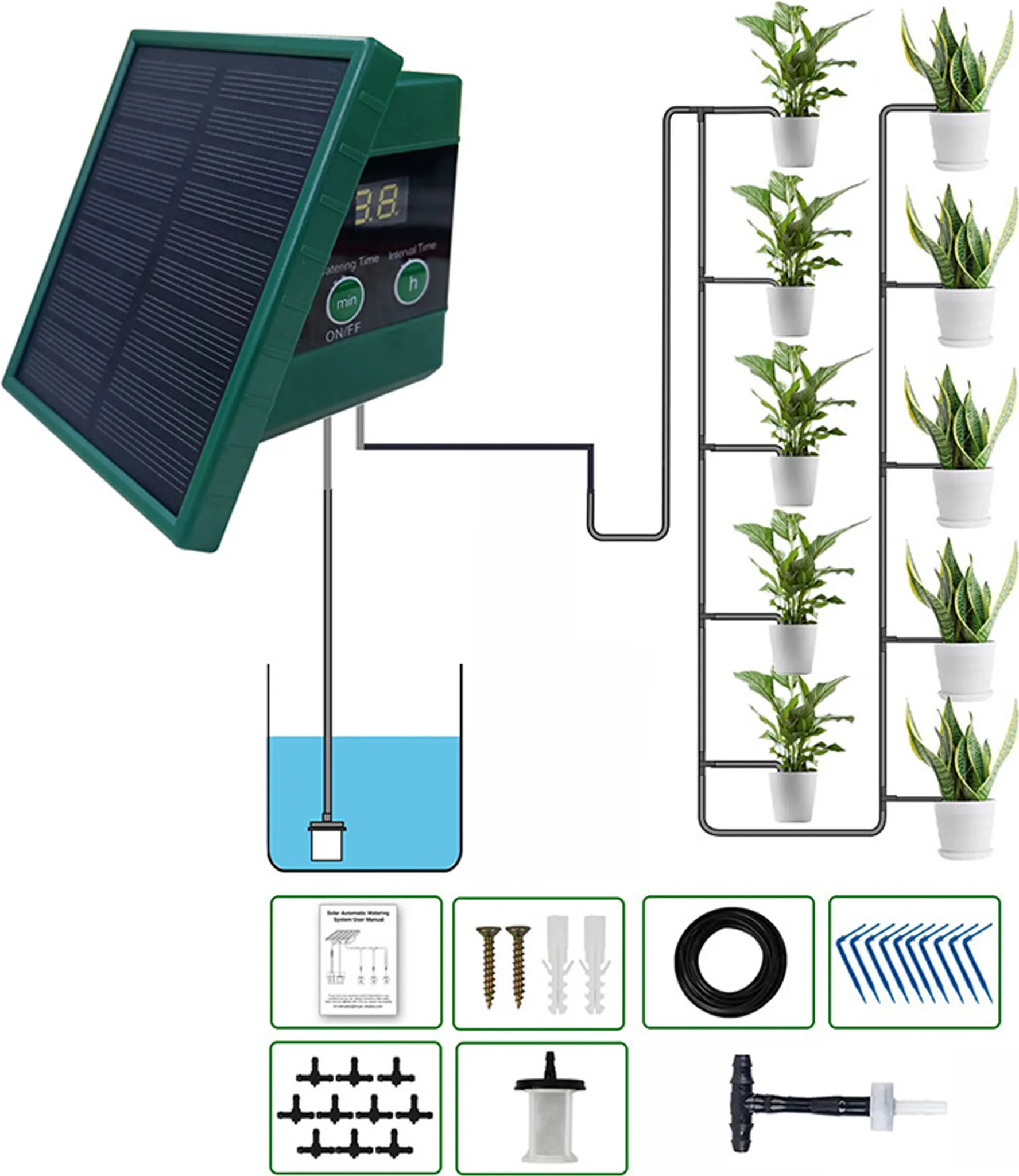 Solarbetriebenes Bewässerungssystem mit Pflanzen, Wasserbehälter und Zubehör.