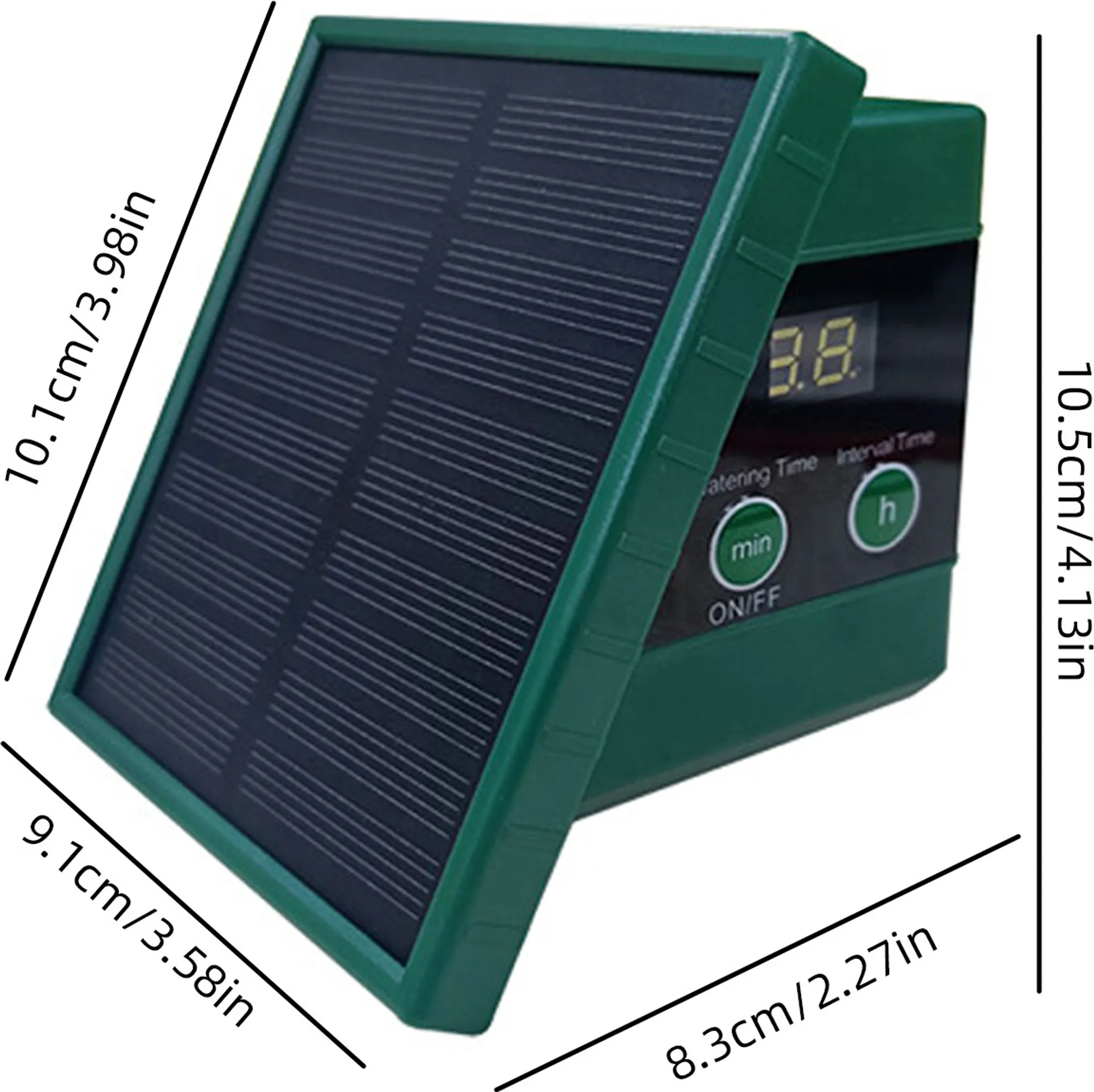 Grünes Solarpanel-Gerät mit digitaler Anzeige und Tasten.