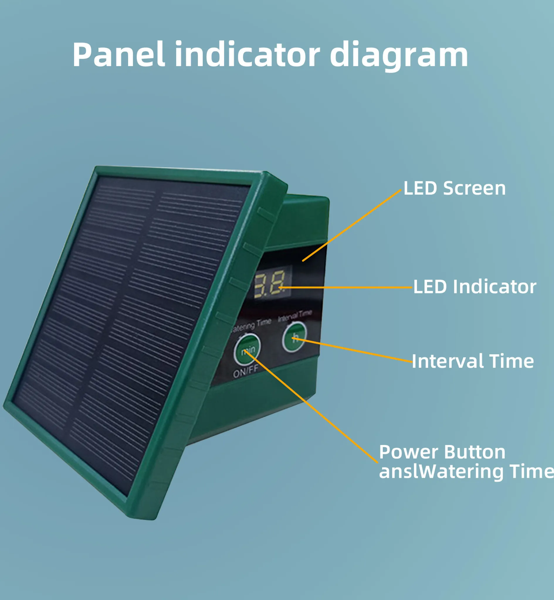 Ein grünes Gerät mit Solarpanel und digitalem Display mit Beschriftungen.