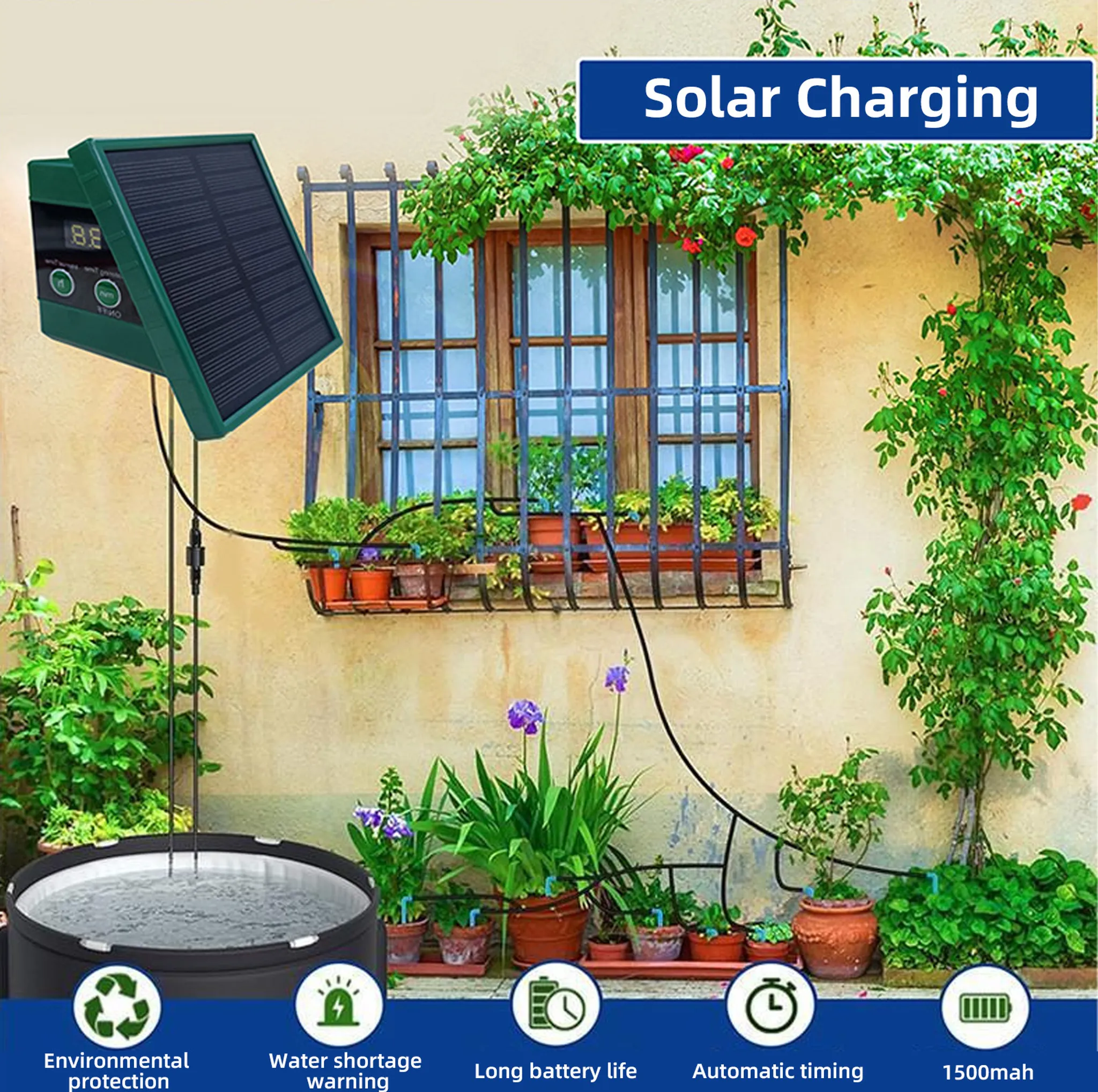 Grünes Solarpanel-Bewässerungssystem für Pflanzen, mit Wassertank und Fenstern.
