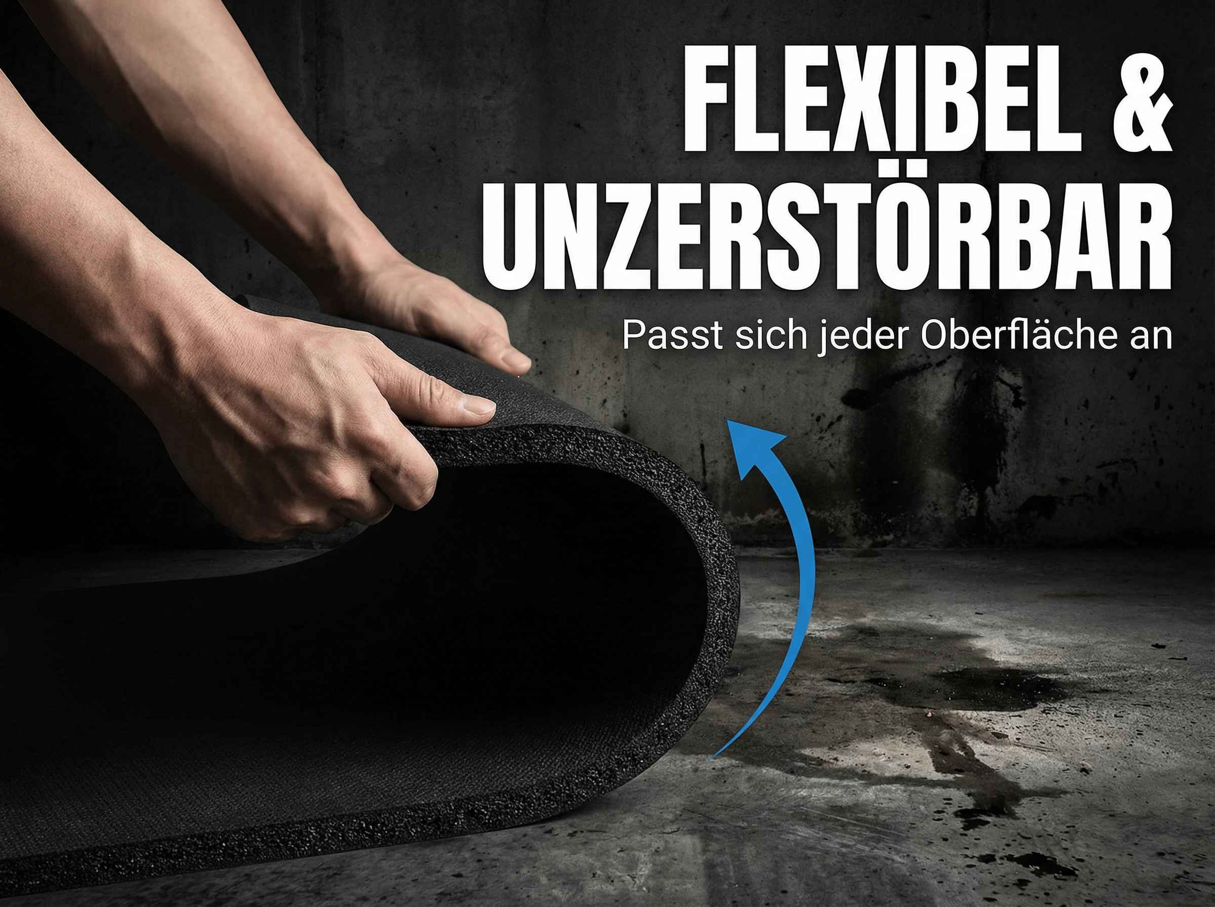 Hände rollen eine schwarze Matte aus. Ein Pfeil zeigt nach rechts.
