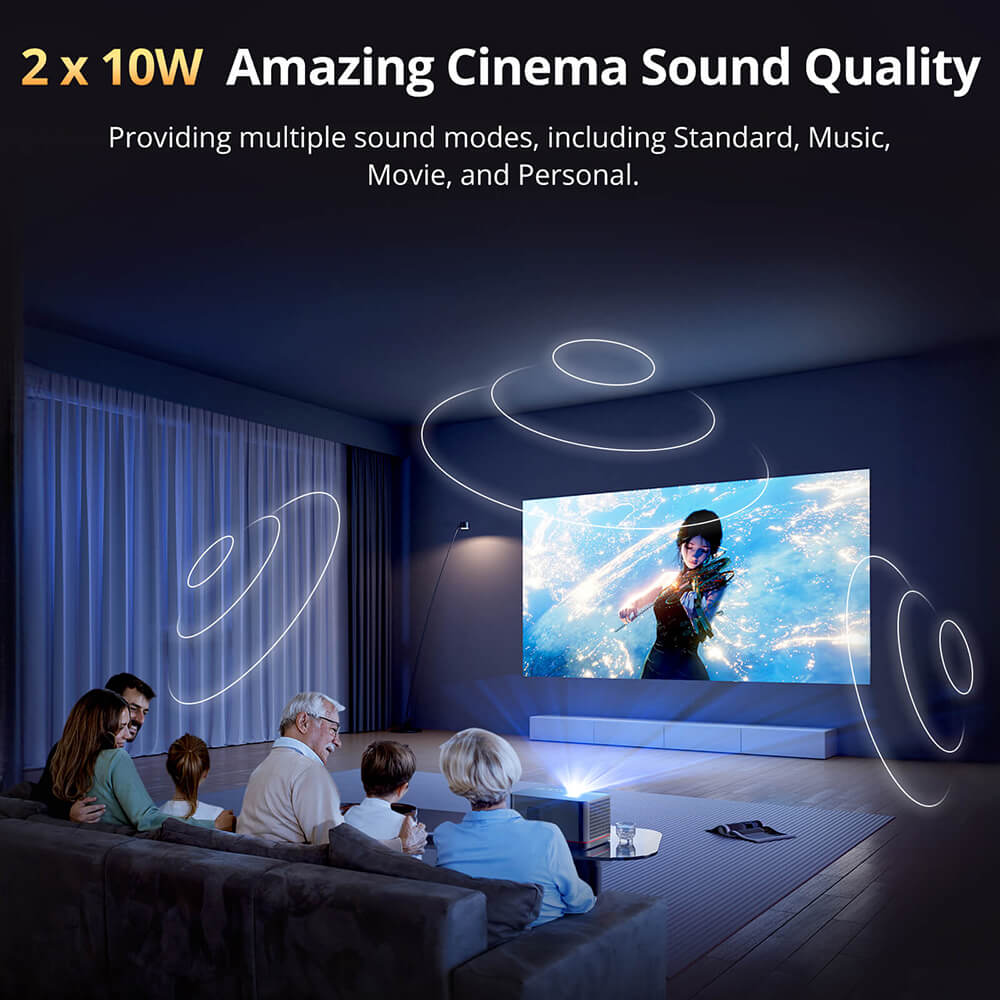 Familie schaut Film auf Leinwand, beleuchtet von einem Projektor.