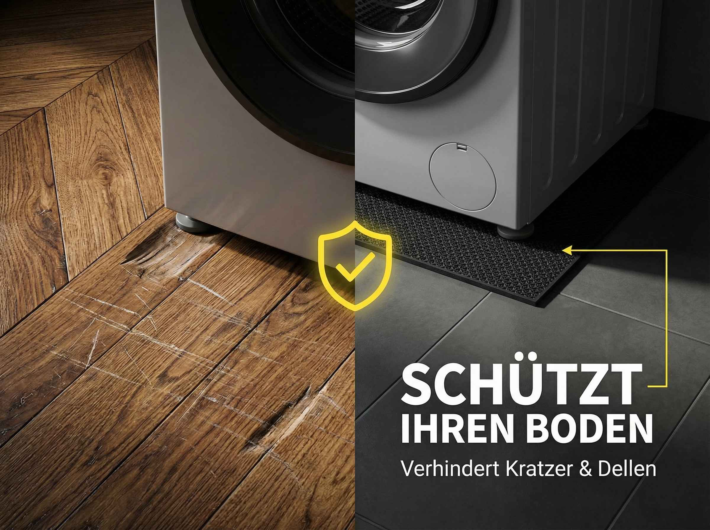 Waschmaschine schützt Holzboden vor Kratzern und Dellen.