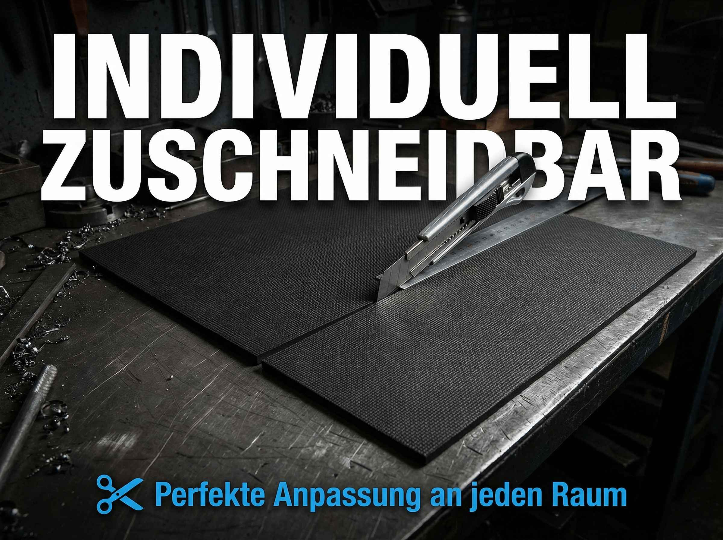 Scheren und Cutter schneiden schwarzen Teppich auf Tisch. Individuell zuschneidbar.