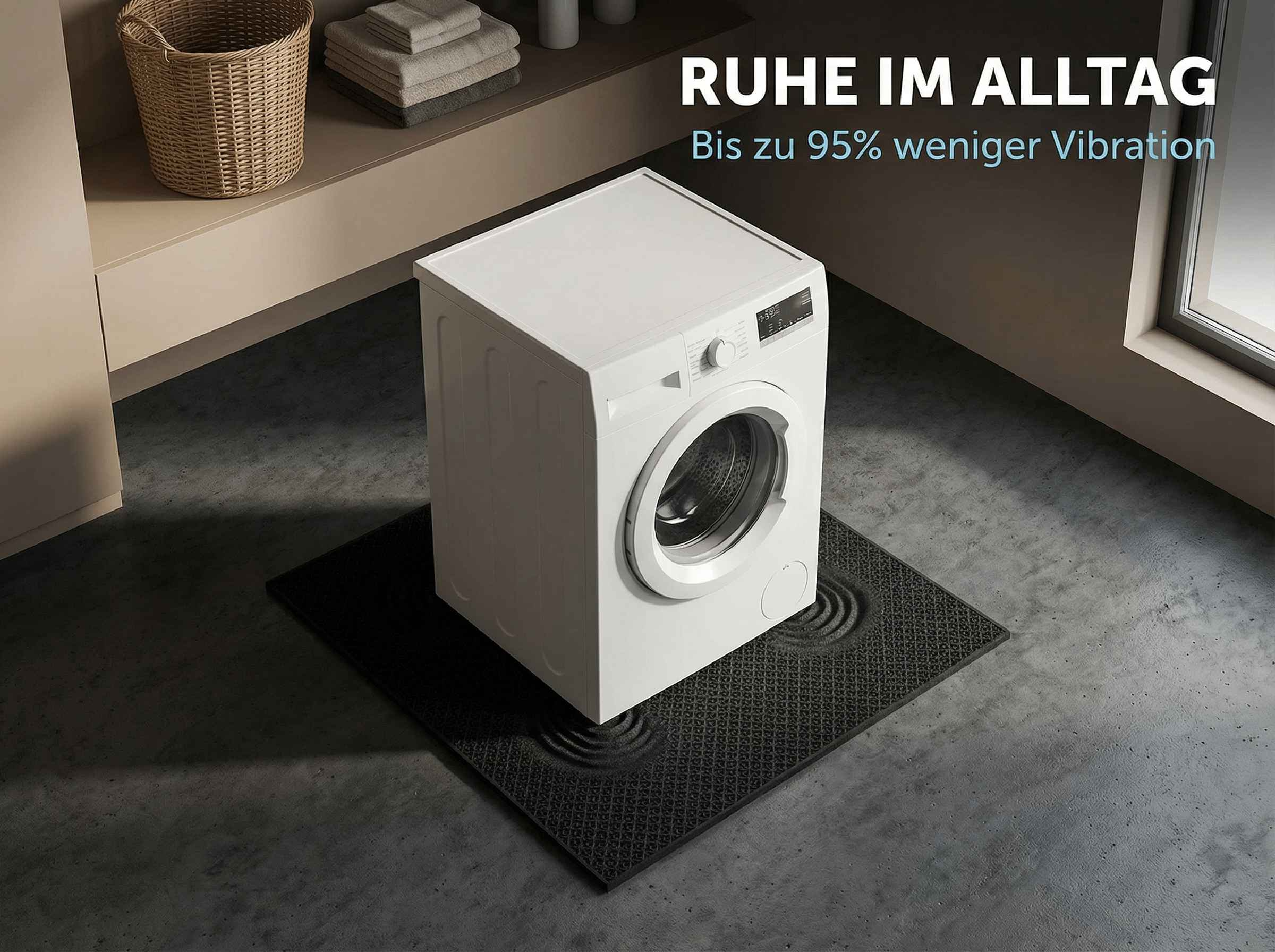 Eine weiße Waschmaschine steht auf einer schwarzen Matte. Im Hintergrund sind Handtücher.