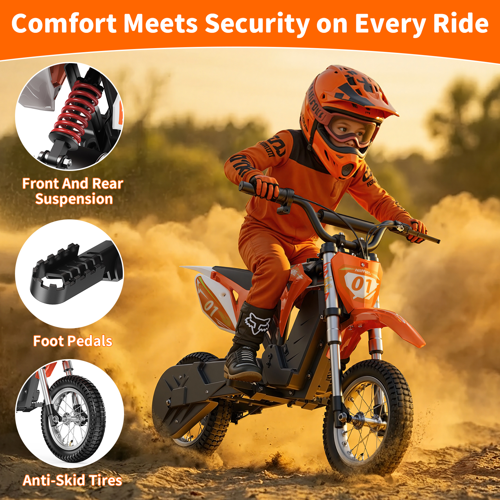 Bambino in abbigliamento arancione da dirt bike guida una moto da cross, sollevando polvere. Caratteristiche mostrate: sospensioni, pedali, pneumatici.