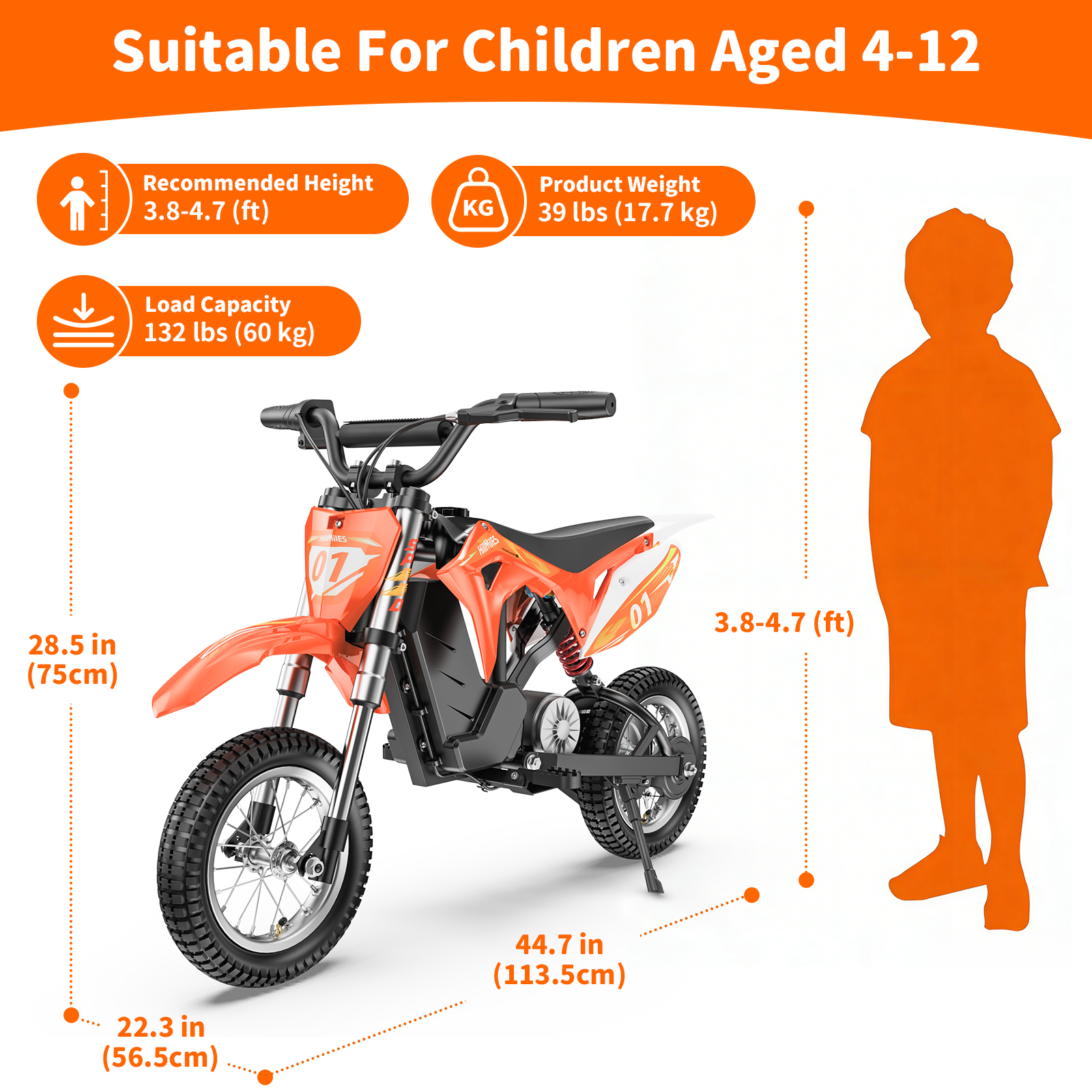 Mini moto elettrica arancione per bambini 4-12 anni. Dimensioni e peso.