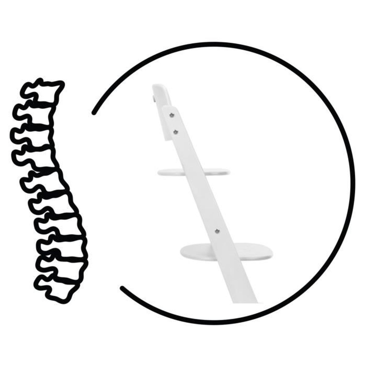 Eine Illustration einer Wirbelsäule neben einem weißen Hochstuhl im Kreis.
