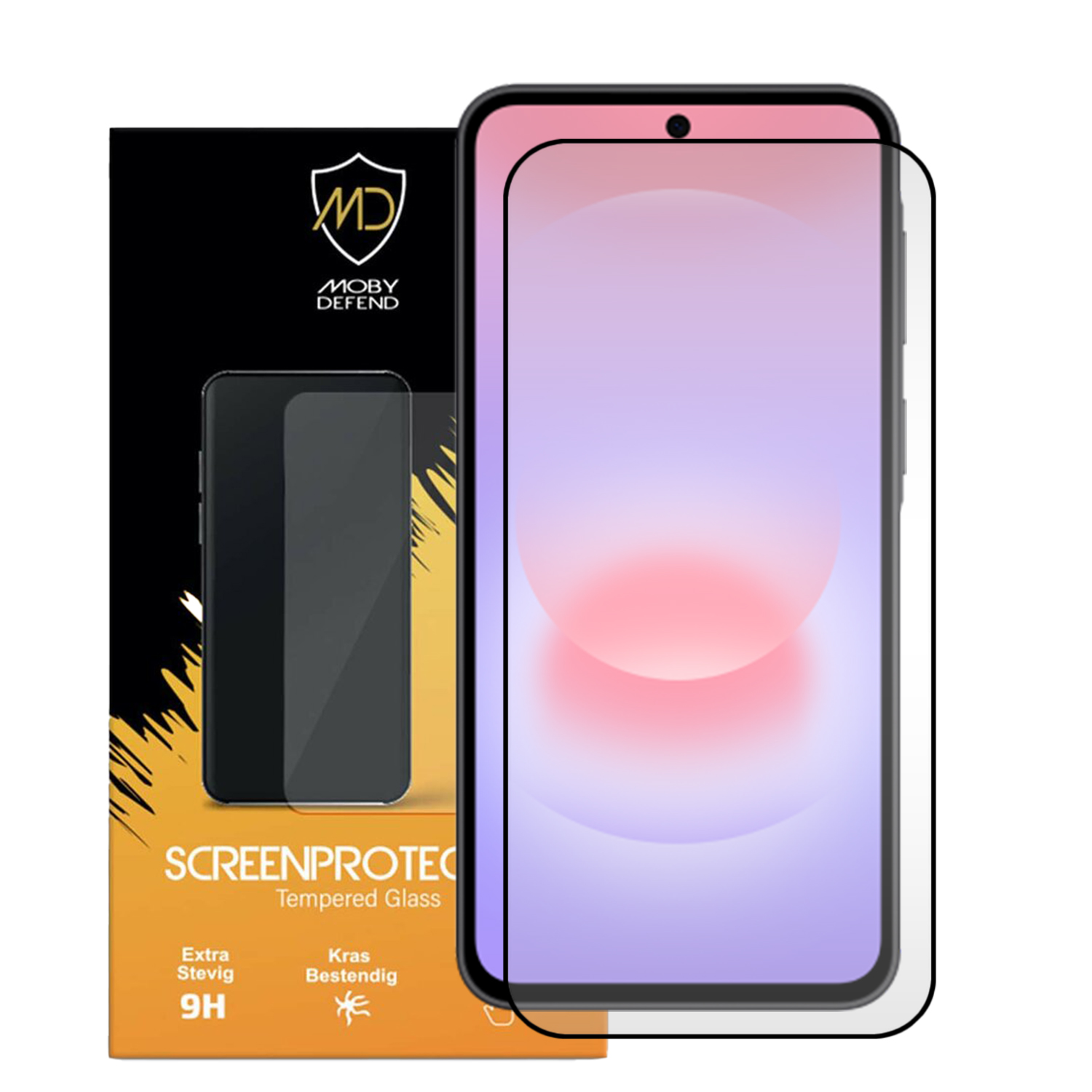 Een glazen screenprotector voor smartphones met verpakking, getoond op een telefoon.