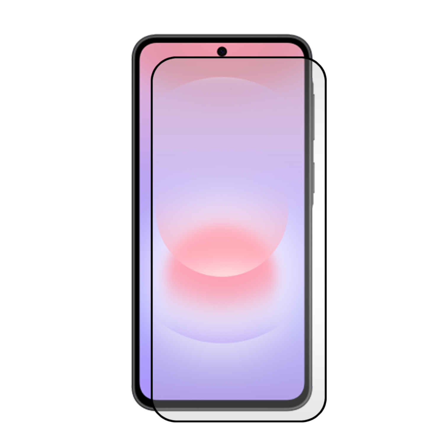 Een smartphone met een schermprotector op een witte achtergrond.